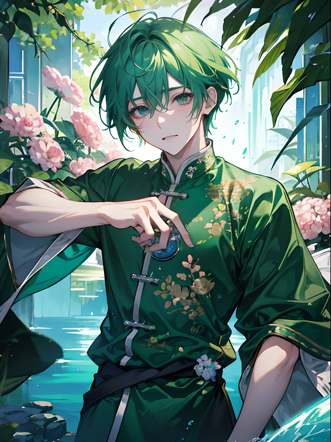masutepiece、high-level image quality、male in his 20s、green colored hair、Pink eyes、Immerse your body in water、lying back on、Clothes also get wet、Expression of melancholy、Beautiful fece