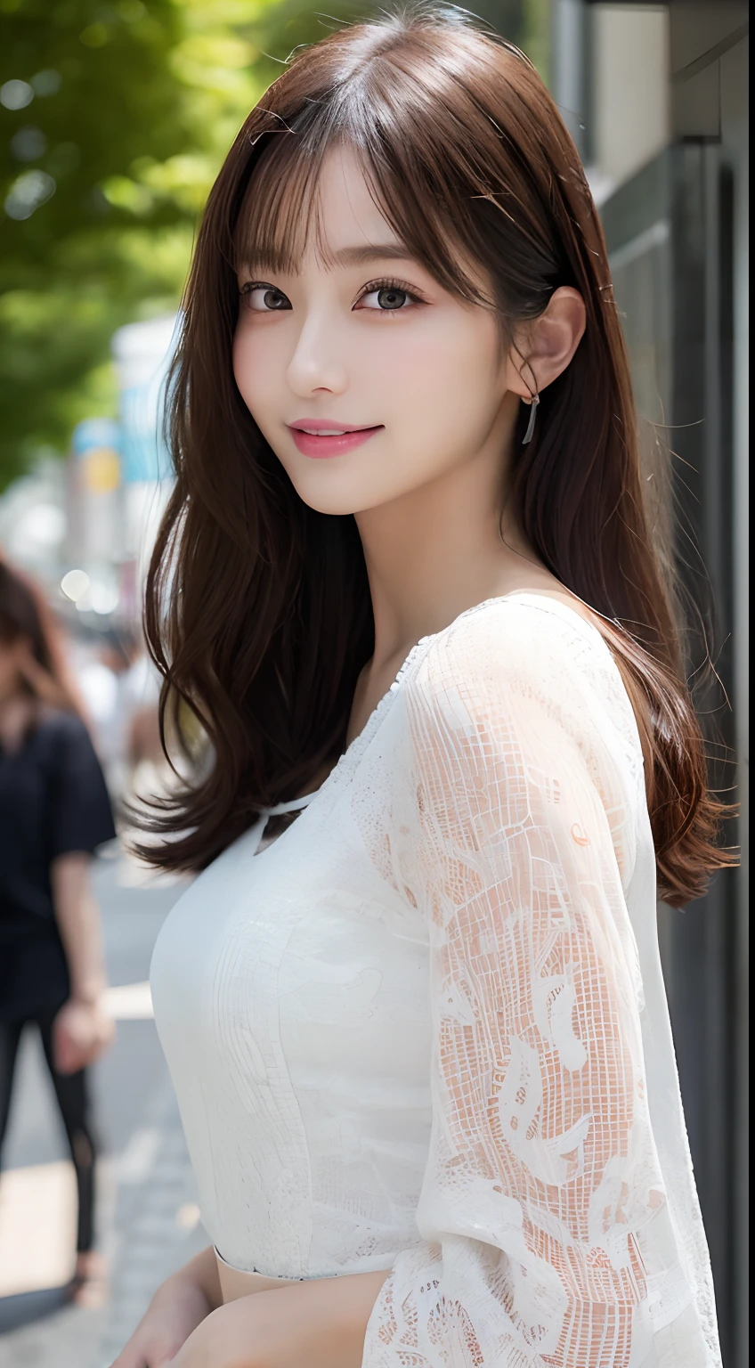On the table, best quality, illustration, Super detailed, Fine details, high resolution, 8k wallpaper, Perfect dynamic composition, Beautiful and delicate eyes, Summer women&#39;s clothing,Medium Length Hair,Middle chest, Natural lipstick, Bold sexy pose,Smile,Harajuku、20 year old girl、Lovely、Sexy shot looking at camera