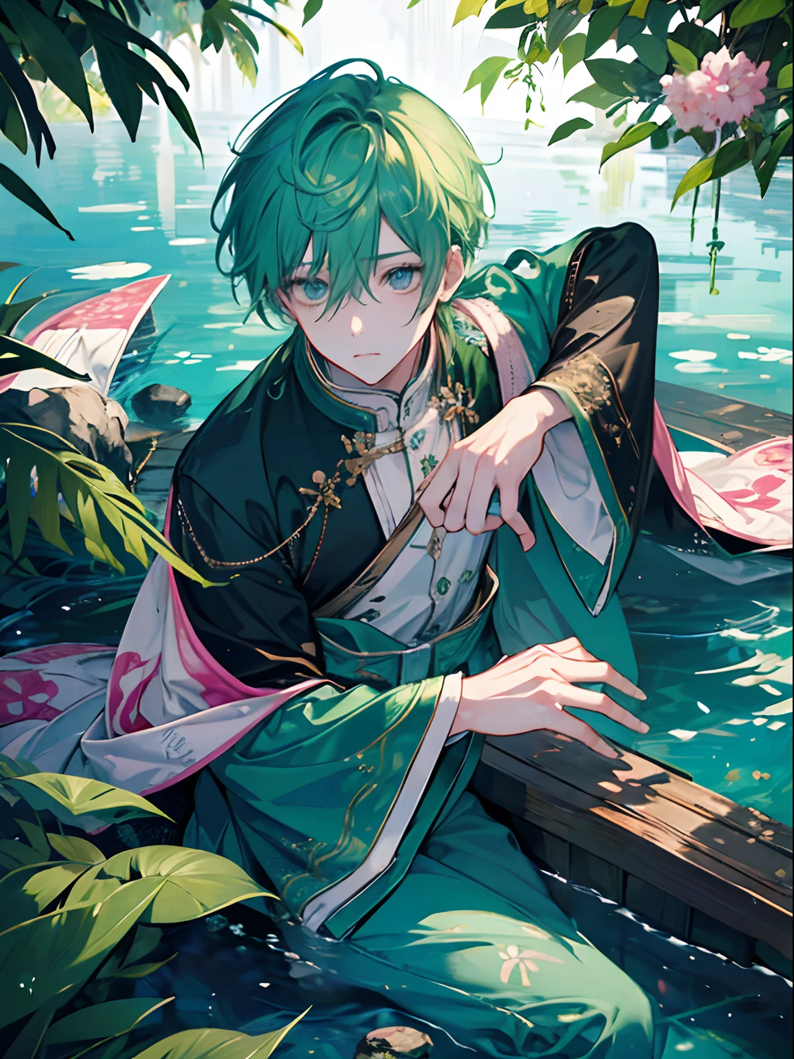 masutepiece、high-level image quality、male in his 20s、green colored hair、Pink eyes、Immerse your body in water、lying back on、Clothes also get wet、Expression of melancholy、Beautiful fece