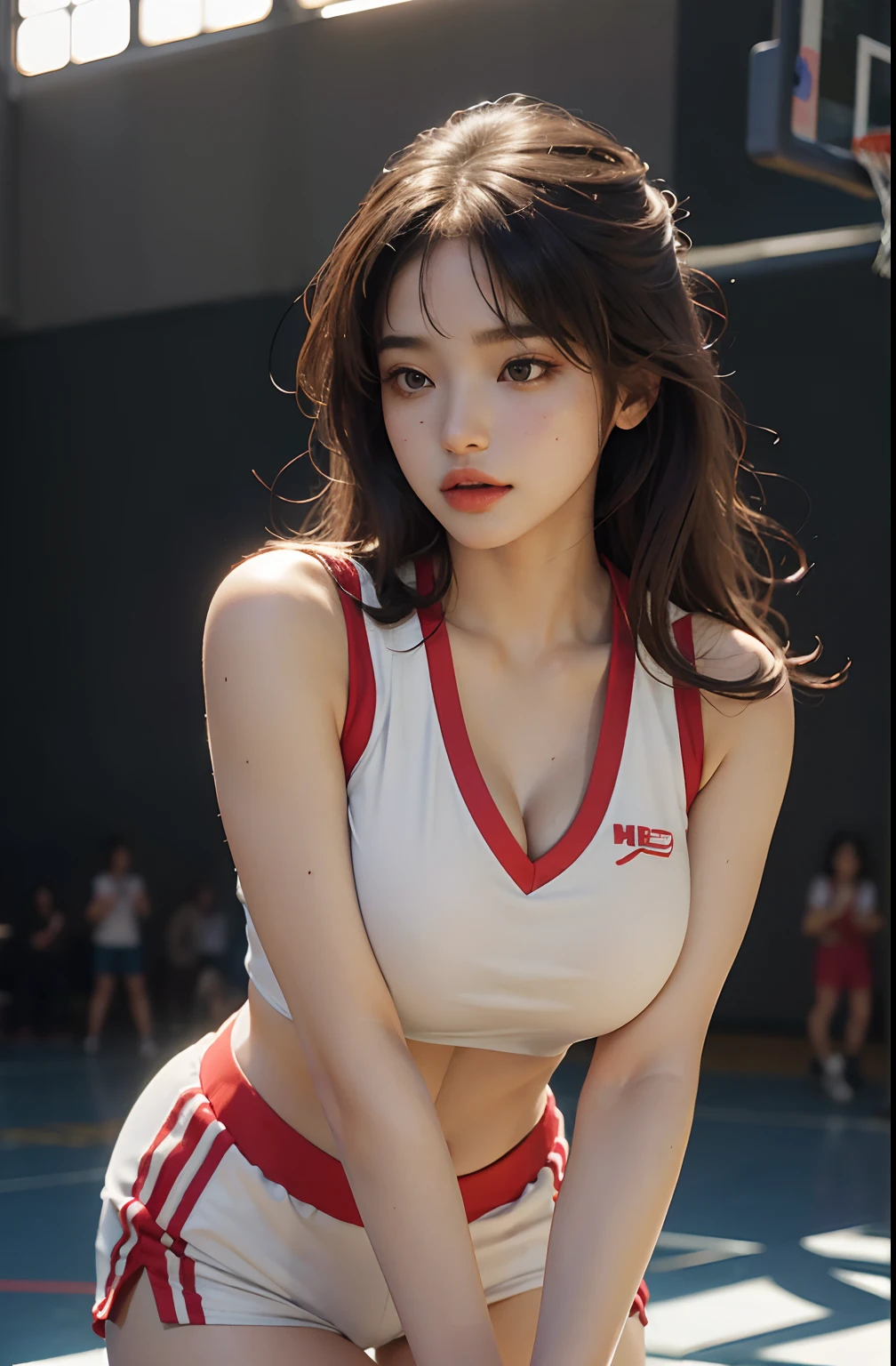 (RAW photo, 4k, masterpiece, high resolution, extremely complex) (realistic: 1.4), cinematic lighting Delicate girl with facial features
1 Girl, Single Focus, Summer Noon, Hot, 1990s\(Style\), Skin White, (Big Breast, Cleavage), (Best Quality), (Highres), (An Extremely Delicate and Beautiful),,(Beautiful 8k face),(Brown Eyes),(ulzzang-6500:1.0),(solo),( looking side),(spectators),(large breasts),(NBA),bent over,,lookside,(side), ,(Basketball sportswear),((Play basketball)),((gymnasium)),((speed)),(reality),