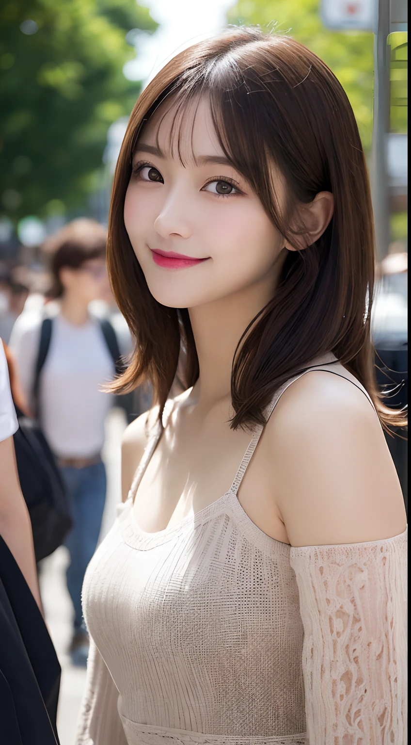masutepiece, Best Quality, Illustration, Ultra-detailed, finely detail, hight resolution, 8K Wallpaper, Perfect dynamic composition, Beautiful detailed eyes, Women's Fashion Summer,Medium Hair,mid-chest, Natural Color Lip, Bold sexy poses,Smile,Harajuku、20 years girl、Cute、Sexy shot looking at camera