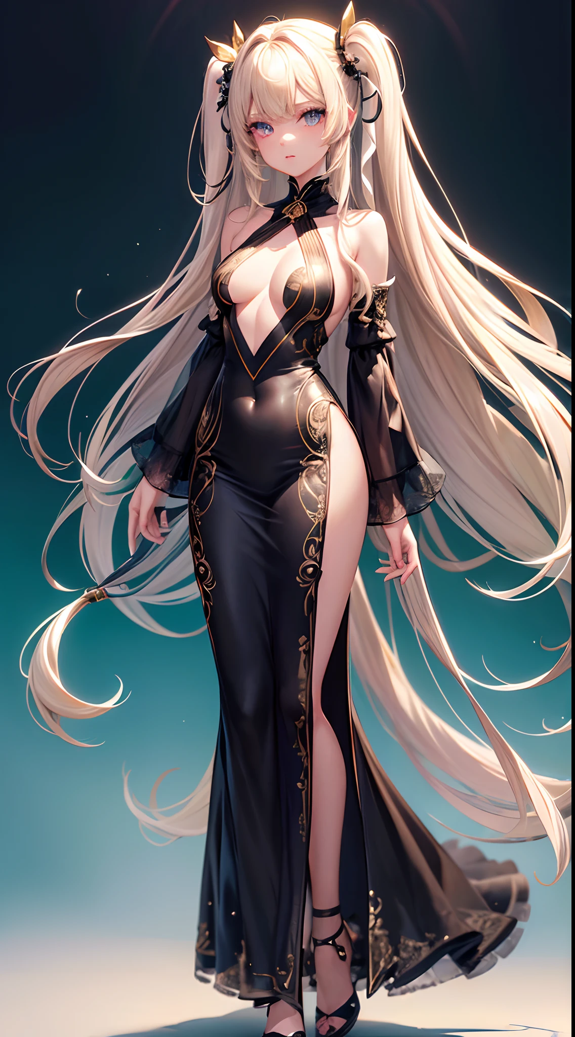 ((Best Quality)), (ultra-detailliert), ((Extremely detailed)), (Beautiful), ((Kawaii Girl)),  ((UHD)), (masterpiece), (high quality), (best quality), (4K), (high quality), 1, solo girl, one girl, (hair two side up long), (hair intakes), long hair, parted bangs, (platinum blond hair), ((jade colored eyes)), slanted eyes, medium breasts, slender body, paint right up to the tip of the head,((transparent background)),(solo),standing,(wearing shoes on feet),((is wearing Idol Costumes)),good girl, beautiful detailed eyes,good looking,((an extremely delicate and beautiful)),make the eyes the same shape and color on both sides, anime style