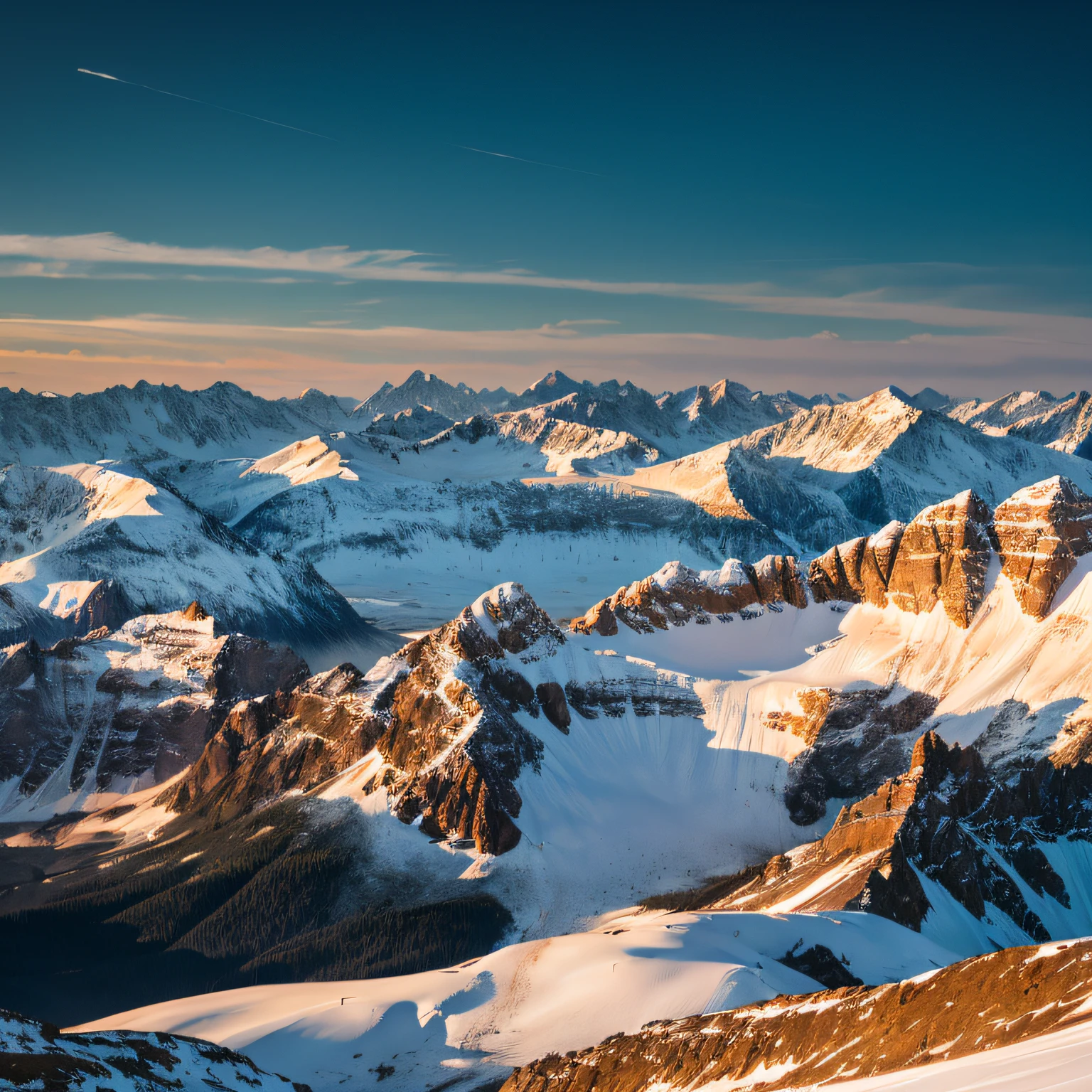 At the time of sunrise, the upper half of the distant snowy mountain range shines golden in the morning sun, the gentle flatland in the foreground is still dark, the gradation of the mountains and mountain ranges is wonderful, and you can even feel the emotion. Quality, 4K.