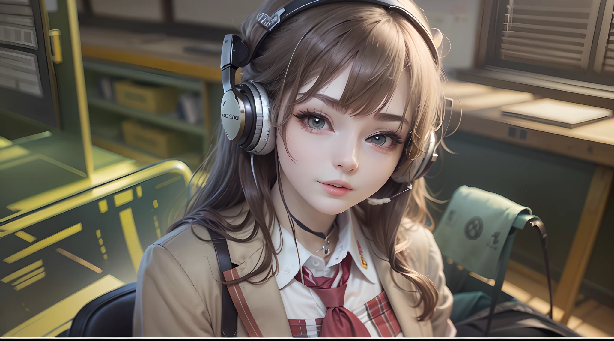 After School Classroom School Girl, Uniform, Cute, Sexy, headphone, listening music, romantic,
