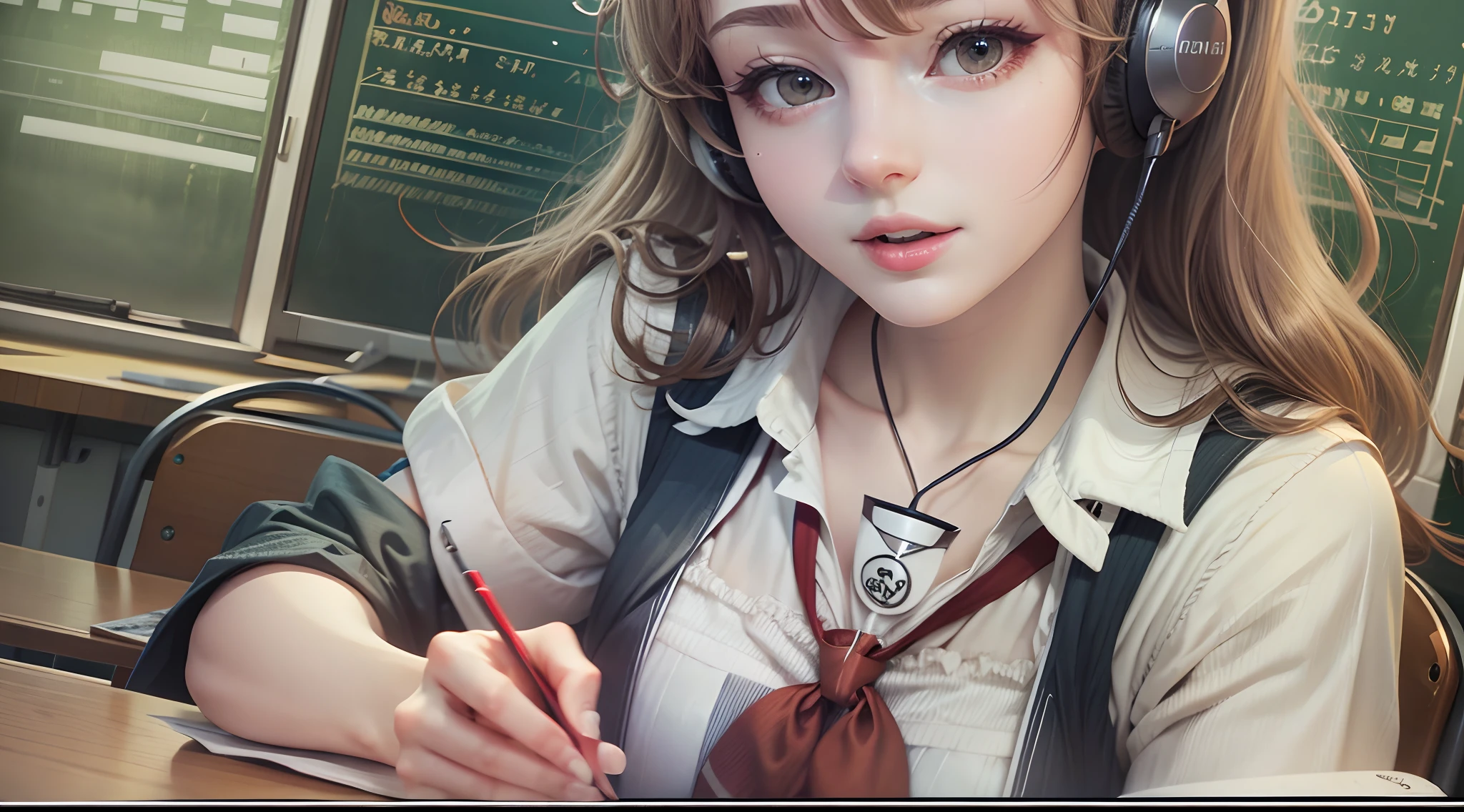 After School Classroom School Girl, Uniform, Cute, Sexy, headphone, listening music, romantic,