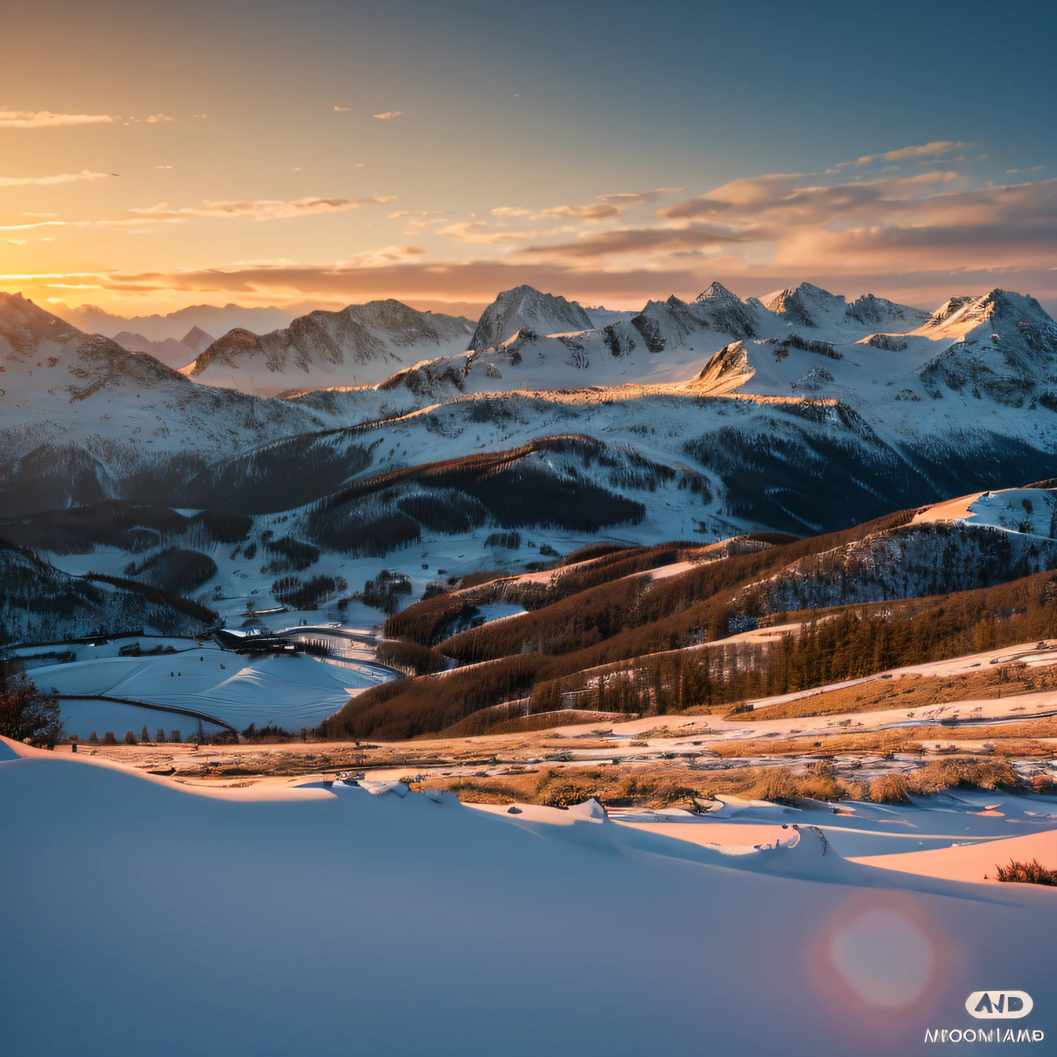 At the time of sunrise, the upper half of the distant snowy mountain range shines golden in the morning sun, the gentle flatland in the foreground is still dark, the gradation of the mountains and mountain ranges is wonderful, and you can even feel the emotion. Quality, 4K.