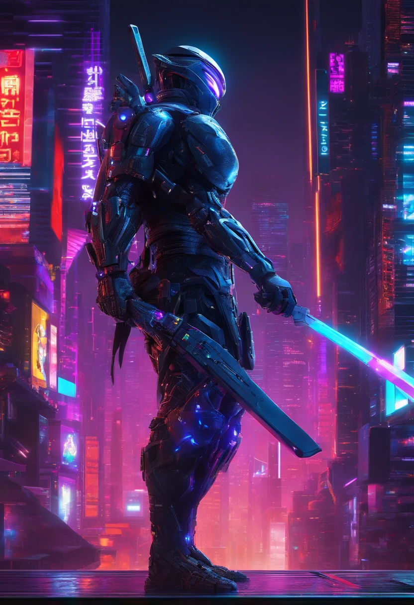 (centered,looking away) forced perspective,2cyber ninja in a dystopian world, wearing a sleek black armor suit, with glowing blue eyes and advanced cybernetic enhancements. The ninja is seen in a dynamic action pose, leaping across a neon-lit rooftop, with rain pouring down and reflecting off the slick surface. The cityscape below is filled with towering skyscrapers, illuminated by colorful holographic advertisements. The ninja's katana is drawn, its blade gleaming with blue energy, ready to strike. The overall atmosphere is dark and mysterious, with a futuristic techno vibe. The lighting is dramatic, with intense highlights and deep shadows, creating a sense of depth and tension. The color palette consists of contrasting shades of blue and purple, accentuated by vibrant pops of neon. The artwork should have an ultra-realistic and highly detailed finish, showcasing the intricate design of the ninja's armor and the futuristic cityscape. The final image should be of the highest quality, with a resolution of 4k or higher, displaying the level of detail and skill of a masterpiece.