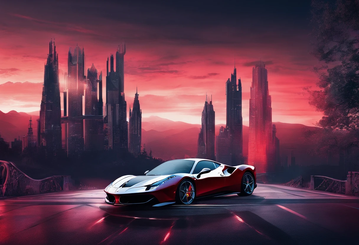 (Best quality, 8K, Masterpiece :1.2), Ultra photo realsisim, onthe mountain, Detailed red Ferrari 488, Speeding on highways, (Facing the audience), Blue skyscraper in background, At night,