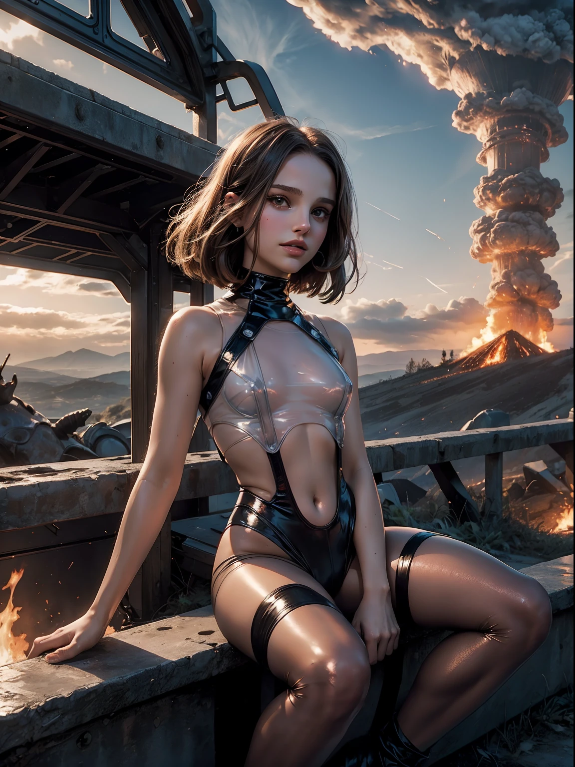 night. natalie portman as a demoness girl, wearing transparent bodysuit. sitting on a fence. translucent, crop top. background fire volcano. cloudy sky. --s 1000