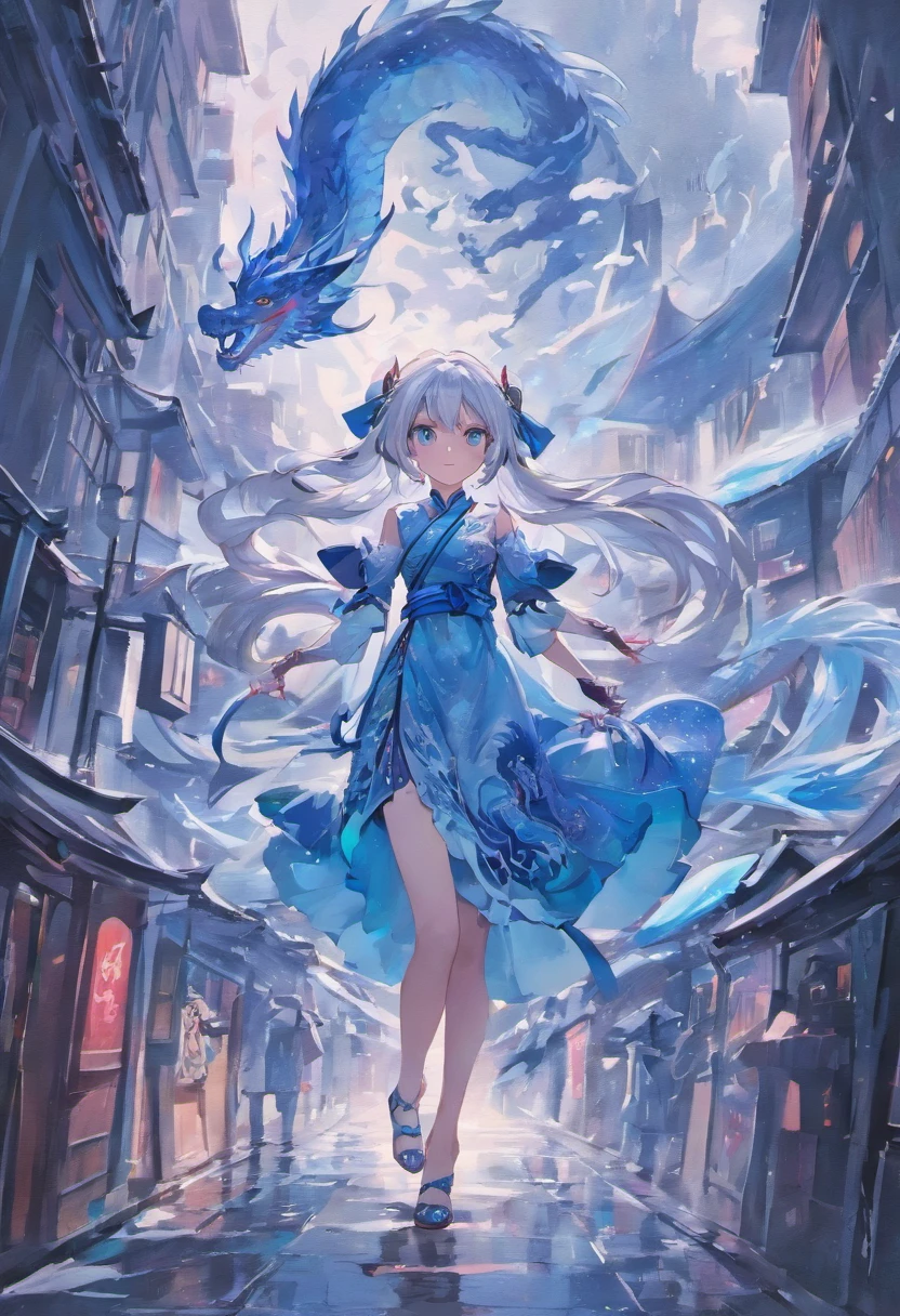 A dragon flying over the city、large plumage、highcontrast、Girl is looking at the sky、red fullmoon、splash water､flowingwater、detailed girl、neon color､Incandescent effect､18year old、(girl with、Ice Dragon;3,7)、(((Pink cheongsam､Twintail、Rin々Shishi Face、With long silver hair)))、((Hanging Eye))、​masterpiece、pixiv Winner's Drawing Methods、((Ice Blue Dragon))､dark colored、fine lines、detaileds