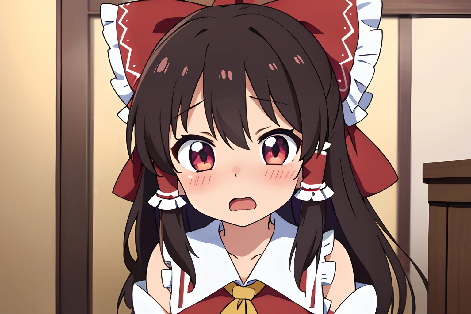 Anime style、Best Quality, 1girl in, Solo, (Hakurei Reimu staring at the camera)、From upper body up、is standing、 beautiful countenance、embarrassed from、blushed face、Eye Highlights、shortsleeves、Petite、Open mouth、childish、perspiring、surprised eyes