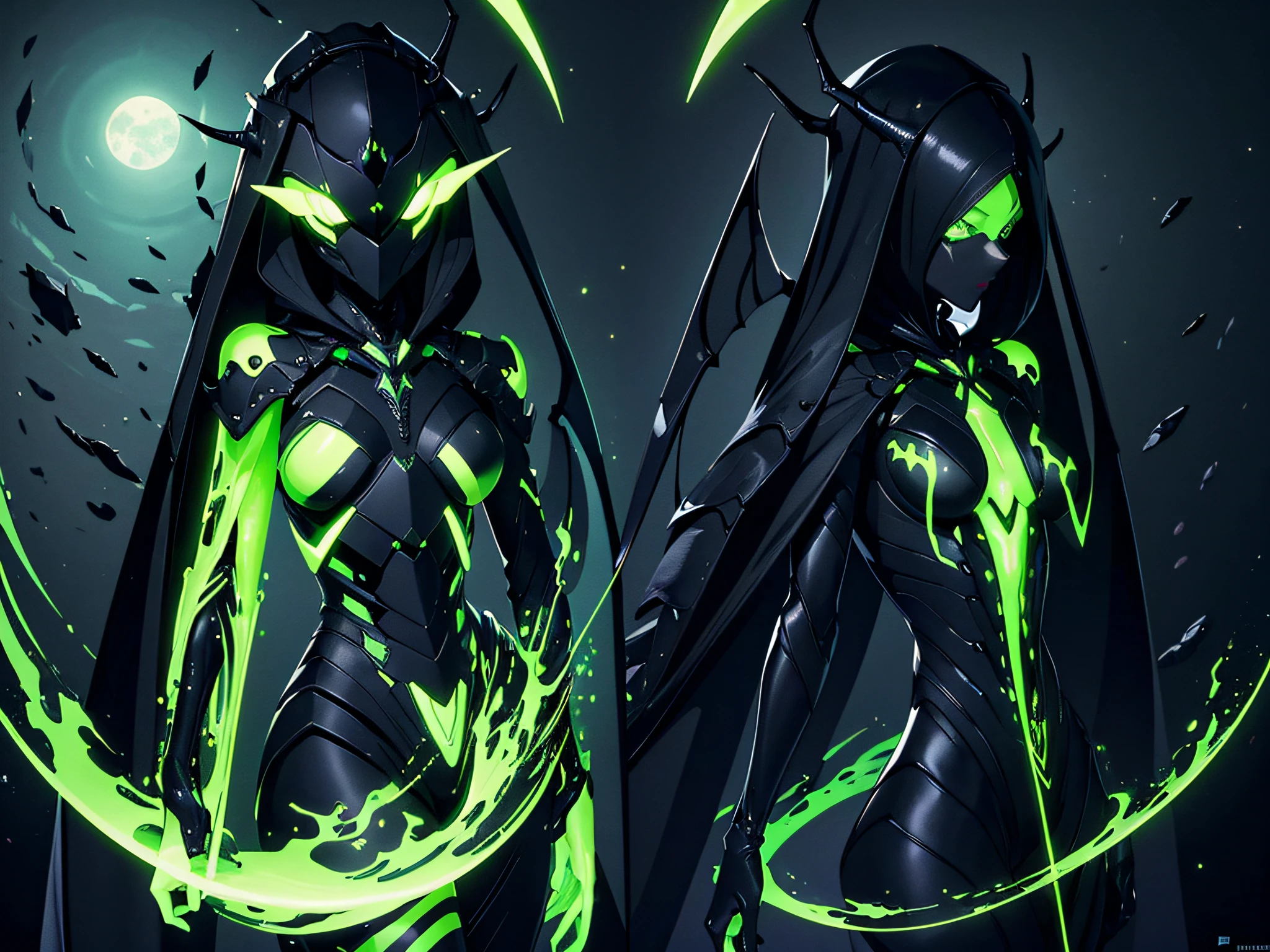 Masterpiece, fullbodyportraitsheet, many poses and expressions, highly detailed, elegance and danger, gloomy character, (elegant insect girl), alien, ((dark-black-scaly-chitin-skin)), (pitch-black-chitinous skin), lots of yellow glowing insect eyes, hi-tech black equipment, sharp fingers, long cloak shaped chitin hair, green glowing hi-tech pistol, dark alien cosmic ship, black geometrical minimalistic ship