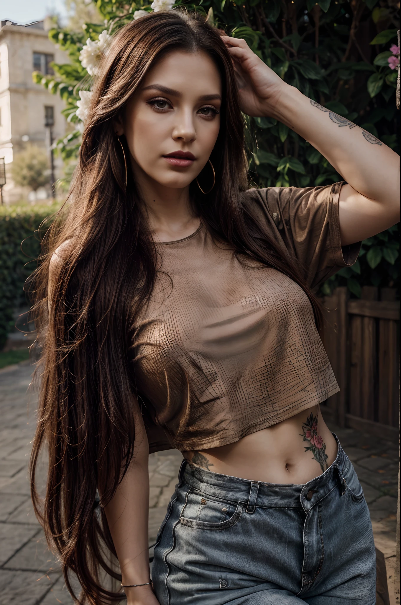 Photorealistc, high quality, Brown long straight hair, full make up, huge eyelashes, large earrings, Black t-shirt, Dark lips, outdoor, sunlight, flowers tattoo on arm