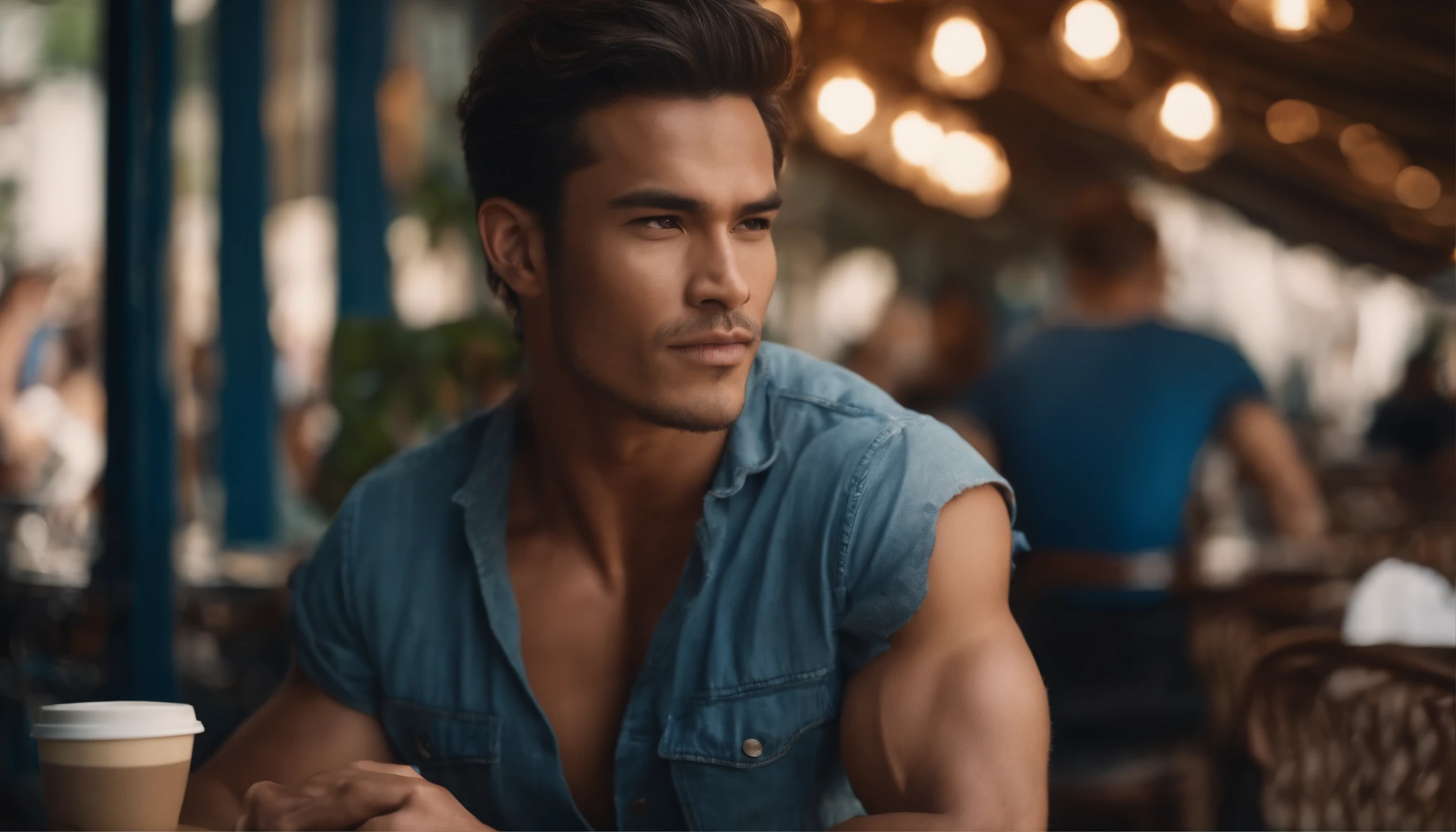 photo of stunning handsome muscular naked Thai men, no female, honey eyes, no shirt short messy windy light brown hair, flipping hair, closeup zoomed in tight crop portrait, sitting outdoors at a cafe, look you look at me, top-view (out door french coffee shop scene:1.2) (wearing no shirt:1.3) (coffee in hand:1.3) (Lighting-blue:1.2) foreground objects background details (masterpiece:1.2) (photorealistic:1.2) (bokeh:1.2) (best quality) (color grading) (detailed skin:1.3) (intricate) (8k) (HDR) (cinematic lighting:1.3) (sharp focus), messy windy hair Paris France