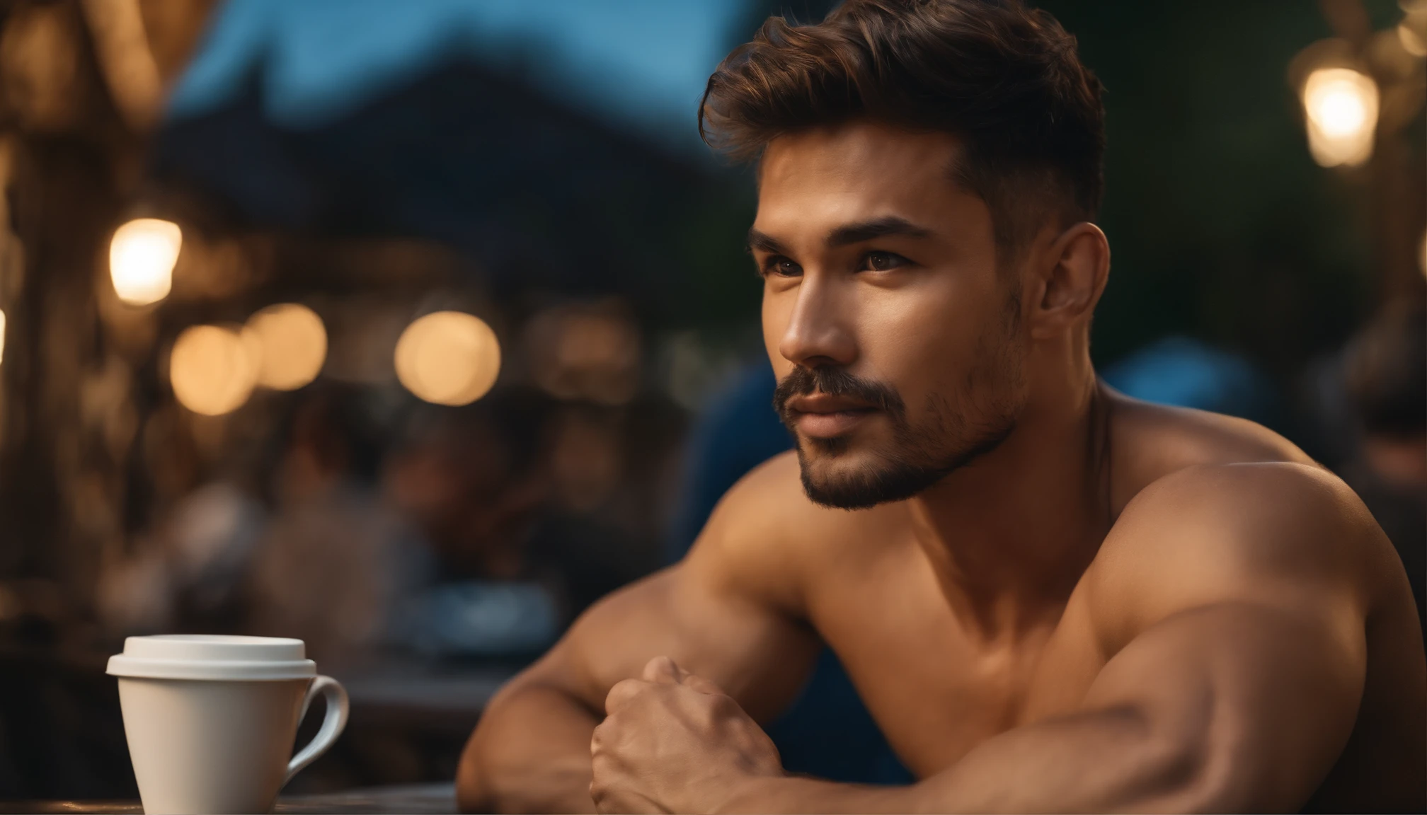 photo of stunning handsome muscular naked Thai men, no female, honey eyes, no shirt short messy windy light brown hair, flipping hair, closeup zoomed in tight crop portrait, sitting outdoors at a cafe, look you look at me, top-view (out door french coffee shop scene:1.2) (wearing no shirt:1.3) (coffee in hand:1.3) (Lighting-blue:1.2) foreground objects background details (masterpiece:1.2) (photorealistic:1.2) (bokeh:1.2) (best quality) (color grading) (detailed skin:1.3) (intricate) (8k) (HDR) (cinematic lighting:1.3) (sharp focus), messy windy hair Paris France
