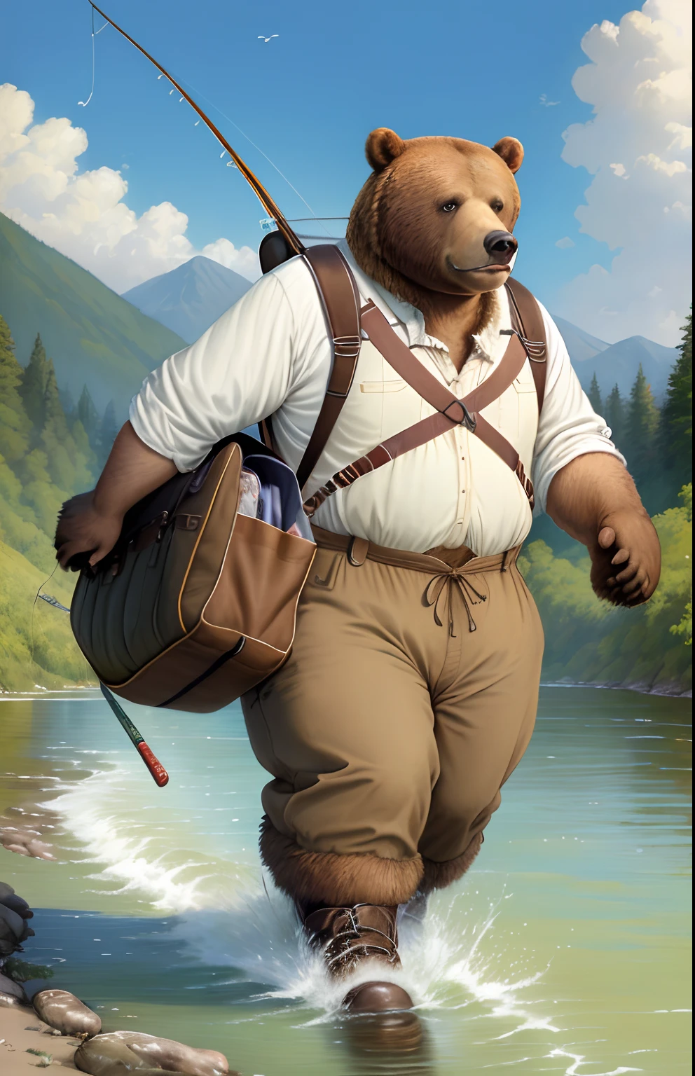 Painting by Jean-Baptiste Monge depicting a large brown bear, Going Fishing, It carries a spinning rod in its paws, Dressed in fishing boots, Carries a canvas bag with fishing tackle, On a summer day, Walk along the river , jean - baptiste monge, anthropomorphic --ar 2:3 --testp -optimistic;