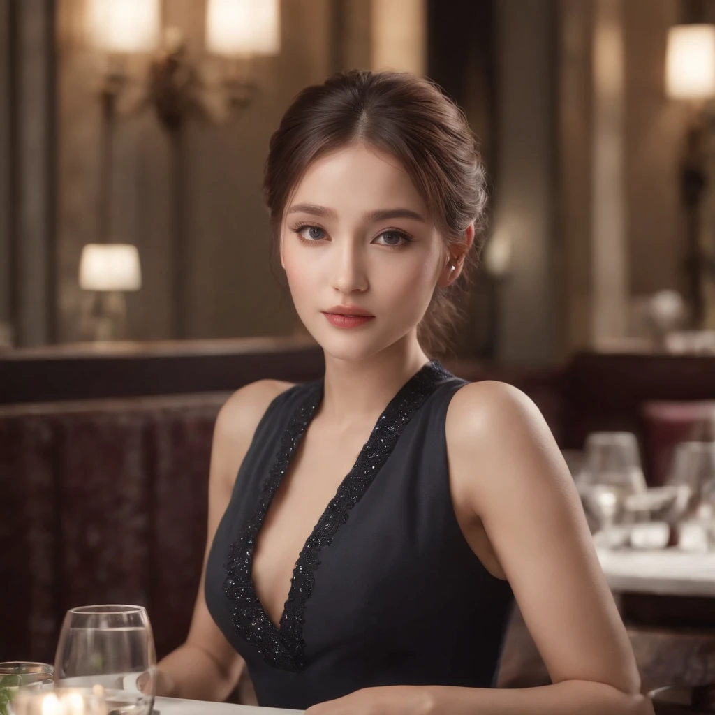 Girl with a short ponytail, lying at a table in a restaurant in a formal suit, Clear Eye, the perfect body, (Look down on the viewer:0.8), (Pureerosface_v1:0.2), detached sleeves, open mouth, Bangs, 1girl, sparkly skin, (Masterpiece;1.0), (Photorealistic:1.4), (sharp-focus:1.2),