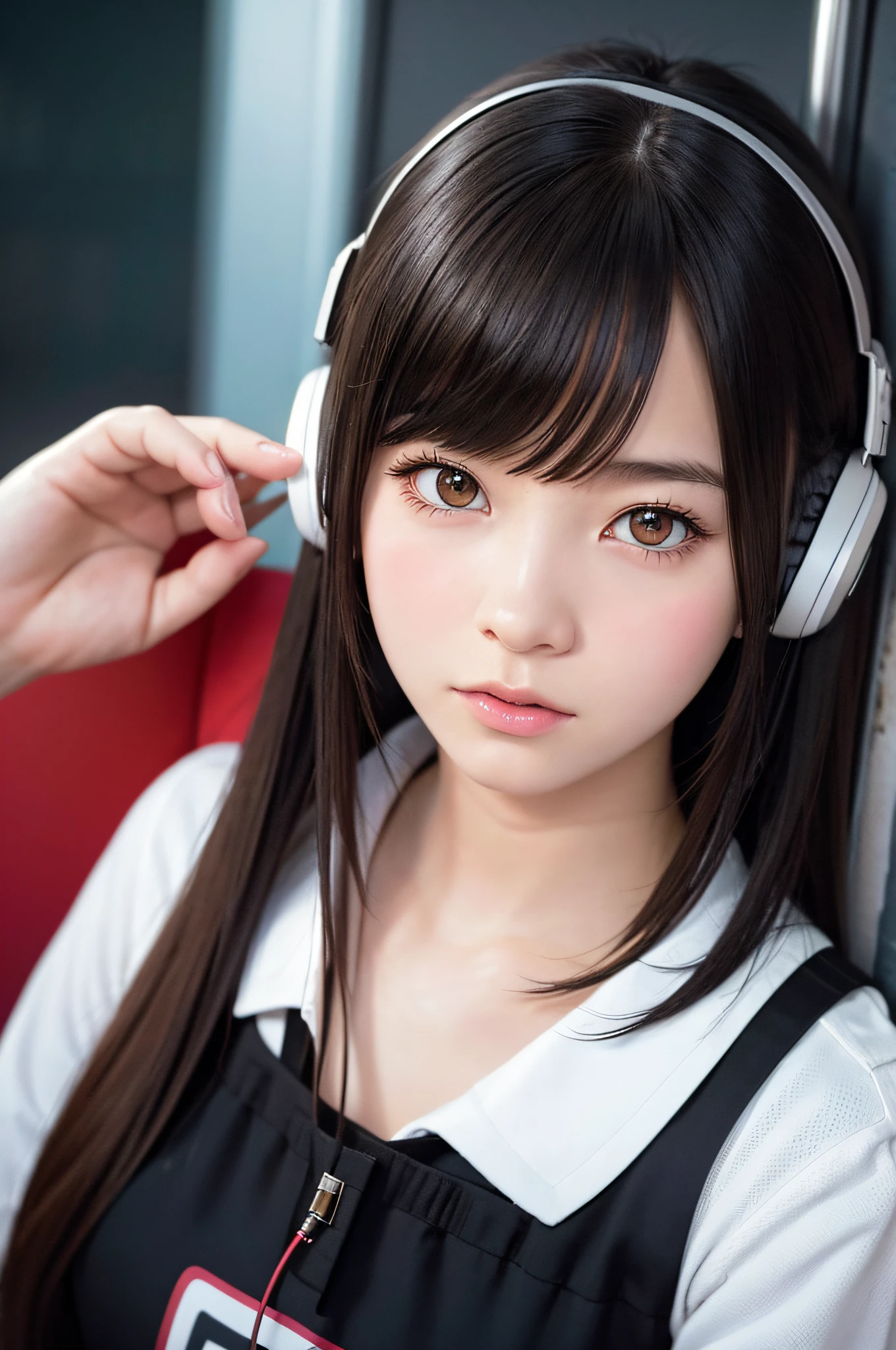 Anime girl sitting on a train with earphones, close up of subject, a photorealistic painting by Ilya Kuvshinov, trending on cg society, Digital Art, artwork in the style of guweiz, guweiz, Beautiful Anime Portrait, realistic cute girl painting, digital art ilya kuvshinov, lofi portrait, Ilya Kuvshinov. 4k