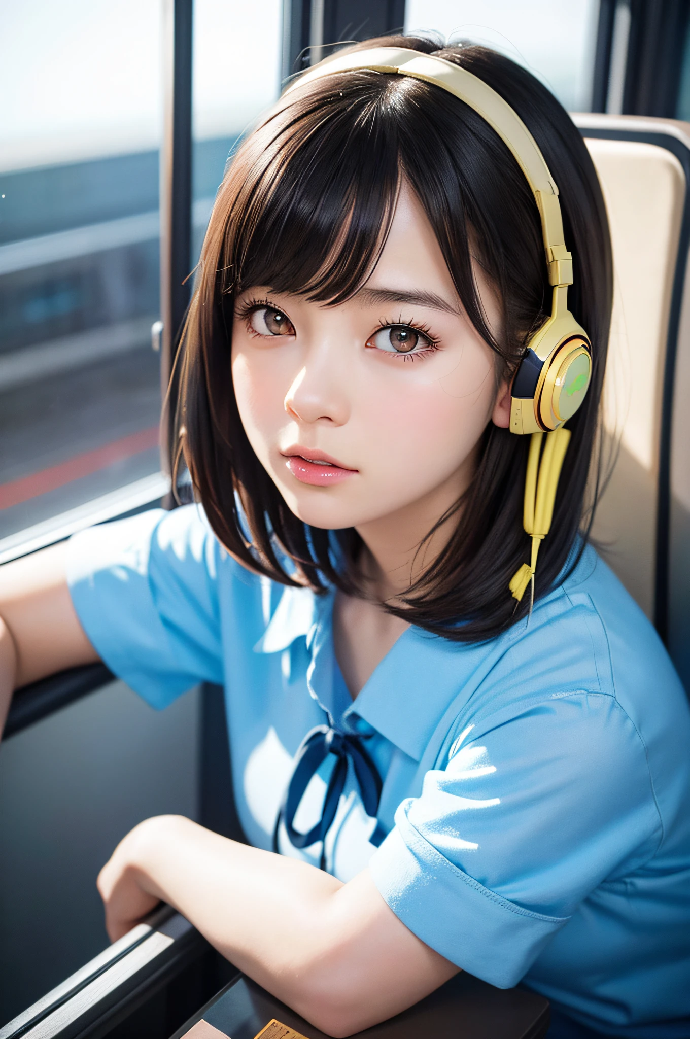 Anime girl sitting on a train with earphones, close up of subject, a photorealistic painting by Ilya Kuvshinov, trending on cg society, Digital Art, artwork in the style of guweiz, guweiz, Beautiful Anime Portrait, realistic cute girl painting, digital art ilya kuvshinov, lofi portrait, Ilya Kuvshinov. 4k