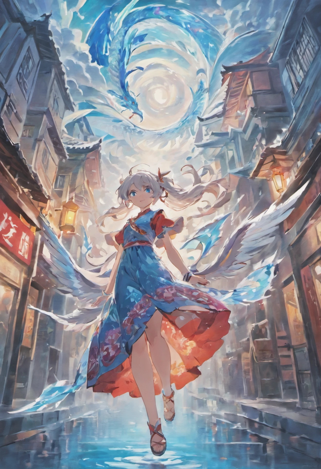 A dragon flying over the city、large plumage、highcontrast、Girl is looking at the sky、red fullmoon、splash water、flowingwater、detailed girl、neon color、Incandescent effect、18year old、(girl with、Ice Dragon;3,7)、(((Pink cheongsam、Twintail、Rin々Shishi Face、With long silver hair)))、((Hanging Eye))、masterpiece、pixiv Winner's Drawing Methods、((Ice Blue Dragon))、dark colored、fine lines、detaileds