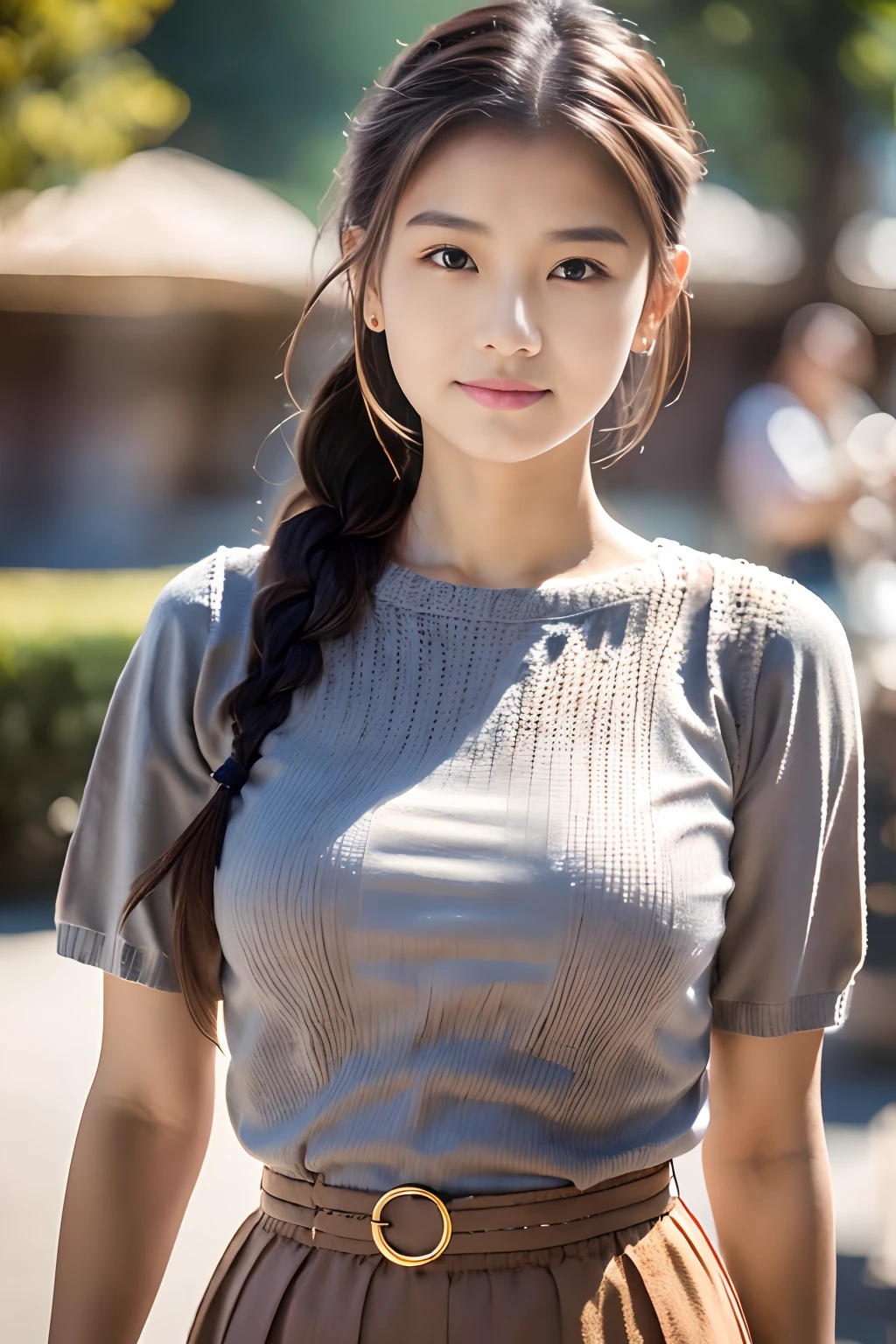 1girl , Wearing (Grey knitted shirt、Red bean-colored long skirt、), (Lighting-Gold:1.3), (masterpiece) (Photorealistic:1.7) (Best Quality),braided ponytail, hairclip, bokeh, Canon, UHD, masterpiece, anatomically correct, textured skin, high details, high quality, 8k