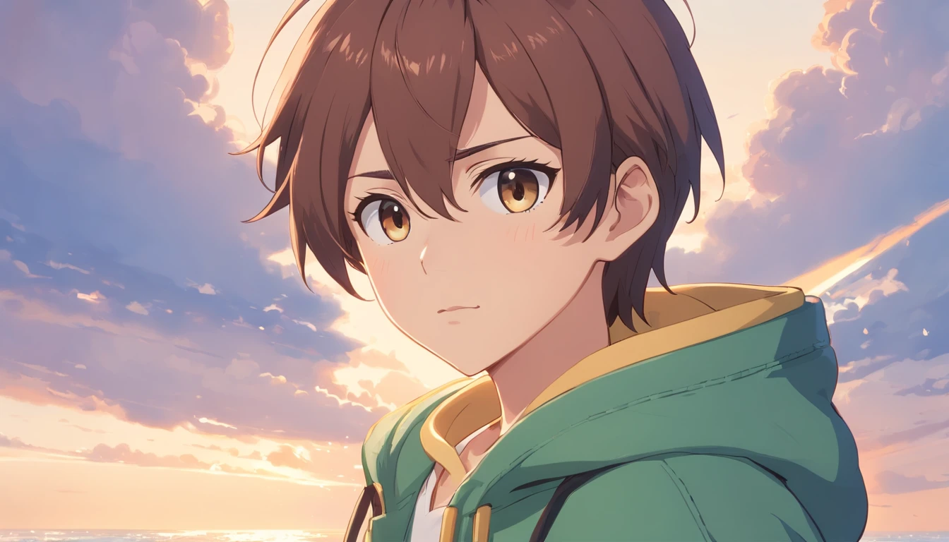 Boy, white background, brown hair, beautiful face, wearing Hoodie, (extremely detailed CG unity 8k wallpapers), (best quality), (best illustrations), (best shadows), Fluttershy, (my little pony)