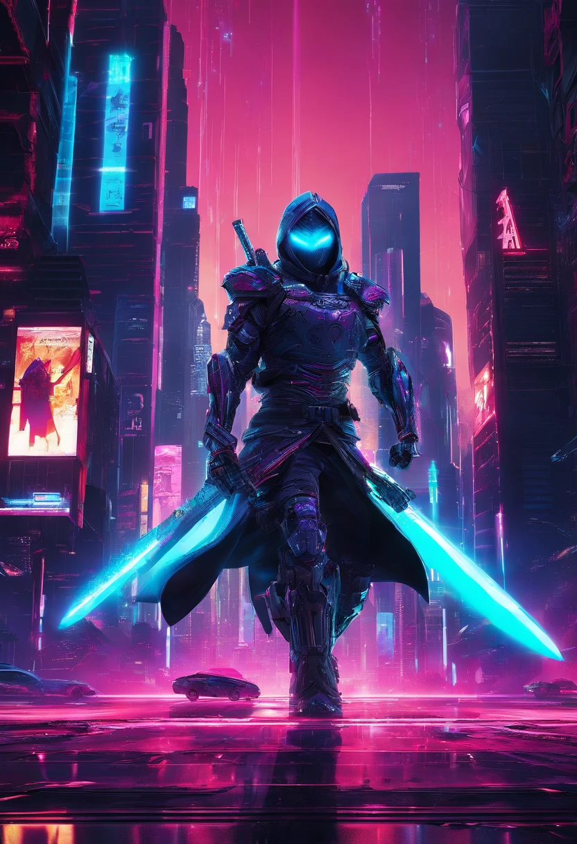 (centered,looking away) ,forced perspective,cyber ninja's in a dystopian world, wearing a sleek black armor suit, with glowing blue eyes and advanced cybernetic enhancements. The ninja is seen in a dynamic action pose, leaping across a neon-lit rooftop, with rain pouring down and reflecting off the slick surface. The cityscape below is filled with towering skyscrapers, illuminated by colorful holographic advertisements. The ninja's katana is drawn, its blade gleaming with blue energy, ready to strike. The overall atmosphere is dark and mysterious, with a futuristic techno vibe. The lighting is dramatic, with intense highlights and deep shadows, creating a sense of depth and tension. The color palette consists of contrasting shades of blue and purple, accentuated by vibrant pops of neon. The artwork should have an ultra-realistic and highly detailed finish, showcasing the intricate design of the ninja's armor and the futuristic cityscape. The final image should be of the highest quality, with a resolution of 4k or higher, displaying the level of detail and skill of a masterpiece.