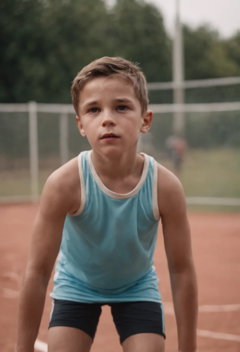 Un garçon qui fait pipi dans son short de sport avec son visage