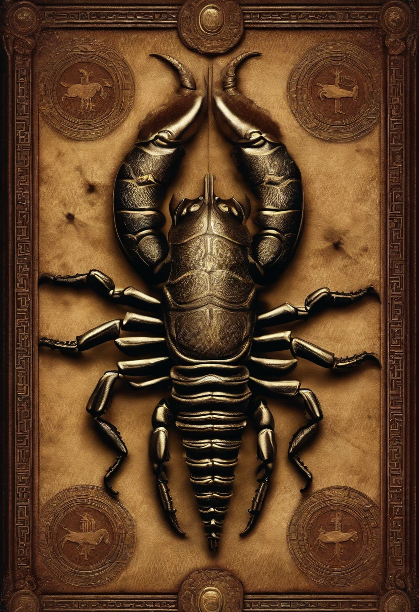 Create a vertically oriented image that represents the astrological sign of Scorpio. The image should feature a menacing-looking scorpion, symbolizing the sign's traits of intensity and determination. The scorpion should be depicted in a threatening posture, with its stinger raised and its pincers open wide. The background should be dark and mysterious, with subtle astrological symbols or constellations in the background to enhance the overall theme. The image should evoke a sense of power and enigma associated with the sign of Scorpio."