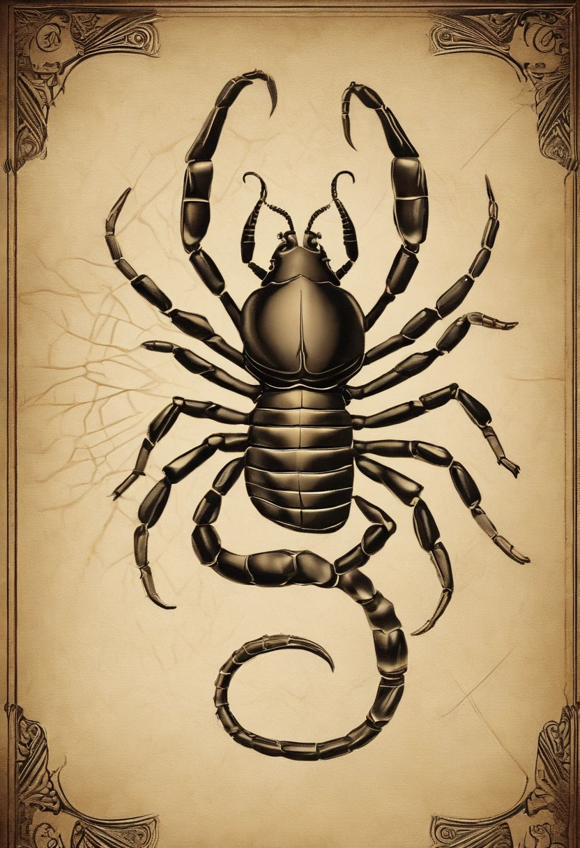 Create a vertically oriented image that represents the astrological sign of Scorpio. The image should feature a menacing-looking scorpion, symbolizing the sign's traits of intensity and determination. The scorpion should be depicted in a threatening posture, with its stinger raised and its pincers open wide. The background should be dark and mysterious, with subtle astrological symbols or constellations in the background to enhance the overall theme. The image should evoke a sense of power and enigma associated with the sign of Scorpio."