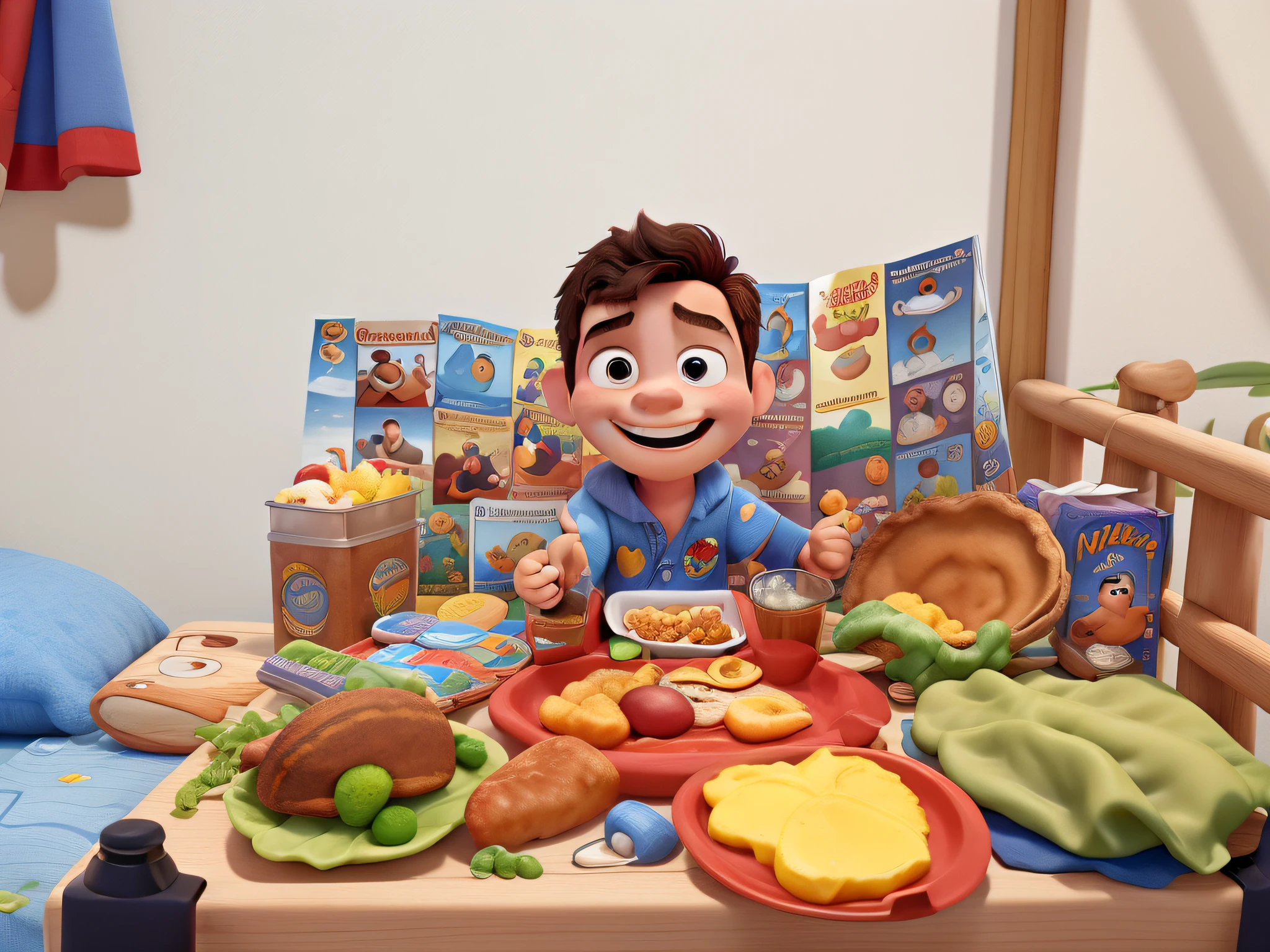 poster no estilo disney pixar, A child with his breakfast in bed Disney Pixar style, alta qualidade, melhor qualidade