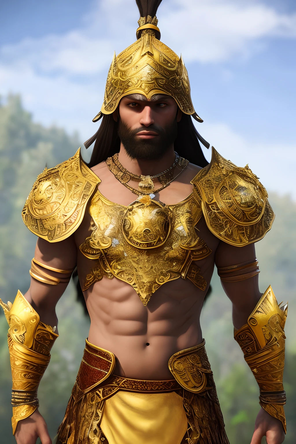 Ultra realistic Spartamo warrior with very detailed golden outfits with divine brilliance behind