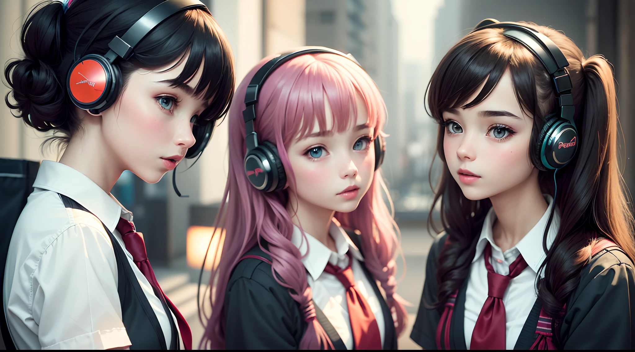 twin girls with different hairtyles, (masterpiece, best quality: 1. 2), pop city style, wearing headsets, listening to music , romantic songs, singing,