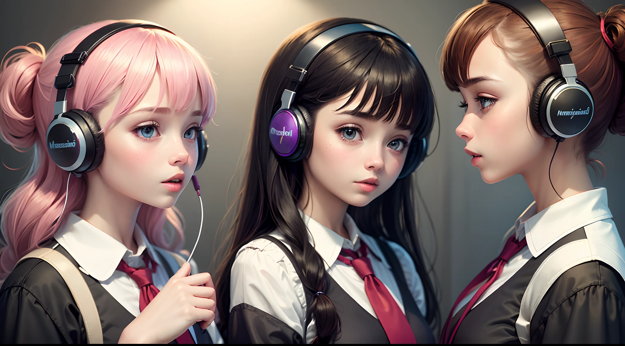 **twin schoolgirls with different hairtyles, (masterpiece, best quality: 1. 2), pop city style, wearing headsets, listening to music , romantic songs, singing,