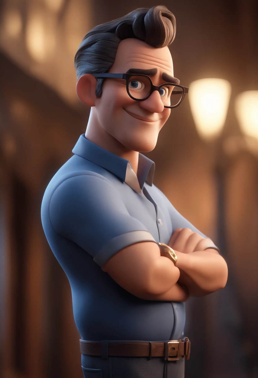 Cartoon character of a man with black glasses and a blue shirt, animation character, Caractere estilizado, animation style rendering, 3D estilizado, Arnold Maya render, 3 d render stylized, toon render keyshot, Personagem 3D, Personagem 3D, 3d rendering stylized, 3 d character render, personagem de desenho animado, Personagem de close up, Pose de personagem,  (Estilo Pixar) (master part:1.2) (Bokeh) (best quality) (pele detalhada) (textura detalhada) (8k) (argila) (Cinematic lighting) (foco nítido