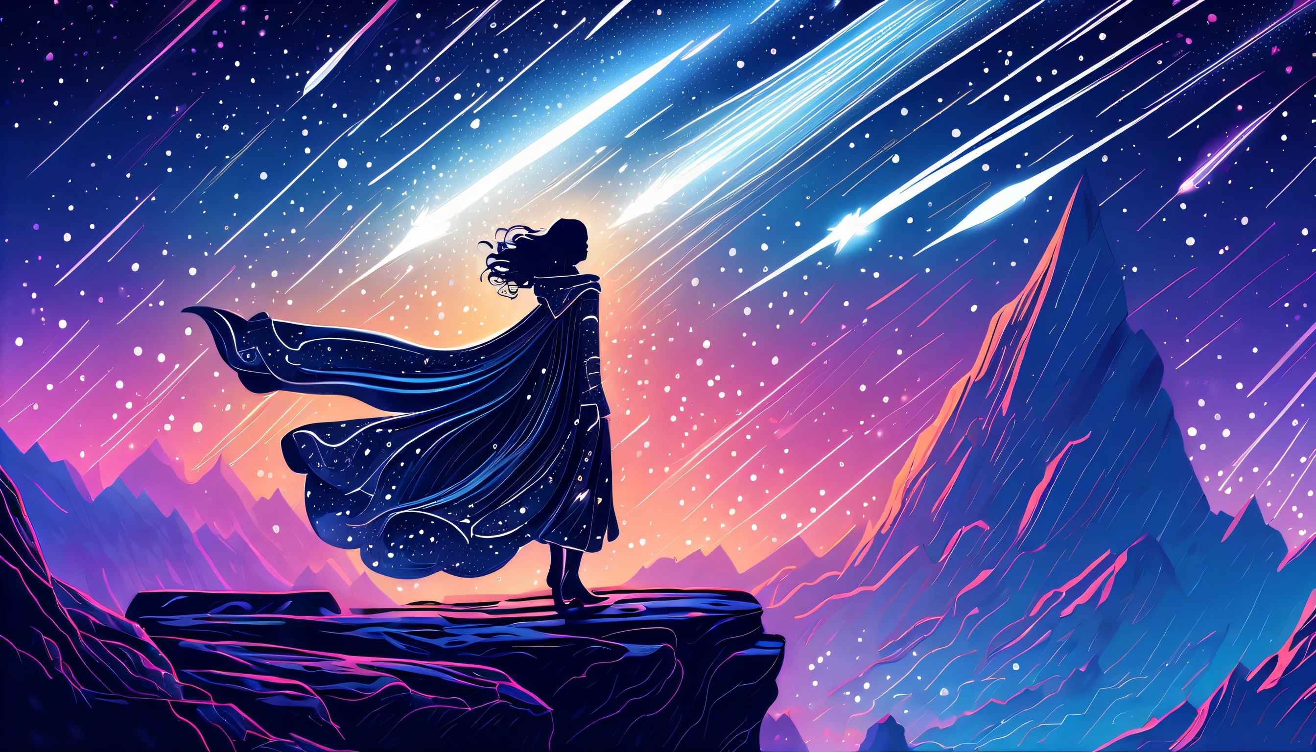 (((stylish dark fantasy style:1.3))), (((cyber fairy grunge of flying in the sky:1.3))), (((meteor shower of stunning detail illustration:1.5))), intricate and meteor-ornate robe, stands atop a cliff, (((majestic meteor in the background detail:1.3))), (((stunning intricate detailed digital paint illustration:1.3))), high contrast, behold stunning beauty, radiating strength and determination, intricate designs, touch of grandeur to highly detailed and complex rendering, incredible detail and craftsmanship, add every intricate detail carefully rendered, creating a visually stunning and dynamic scene, fierce and determined spirit, robe is a masterpiece, intricate extremely designs, (((epitome of quality and craftsmanship:1.3))), (((radiosity rendered in stunning 32k resolution beauty:1.3))), (((highest quality:1.3))), (((highly quality:1.1))), (((top quality:1.3))),