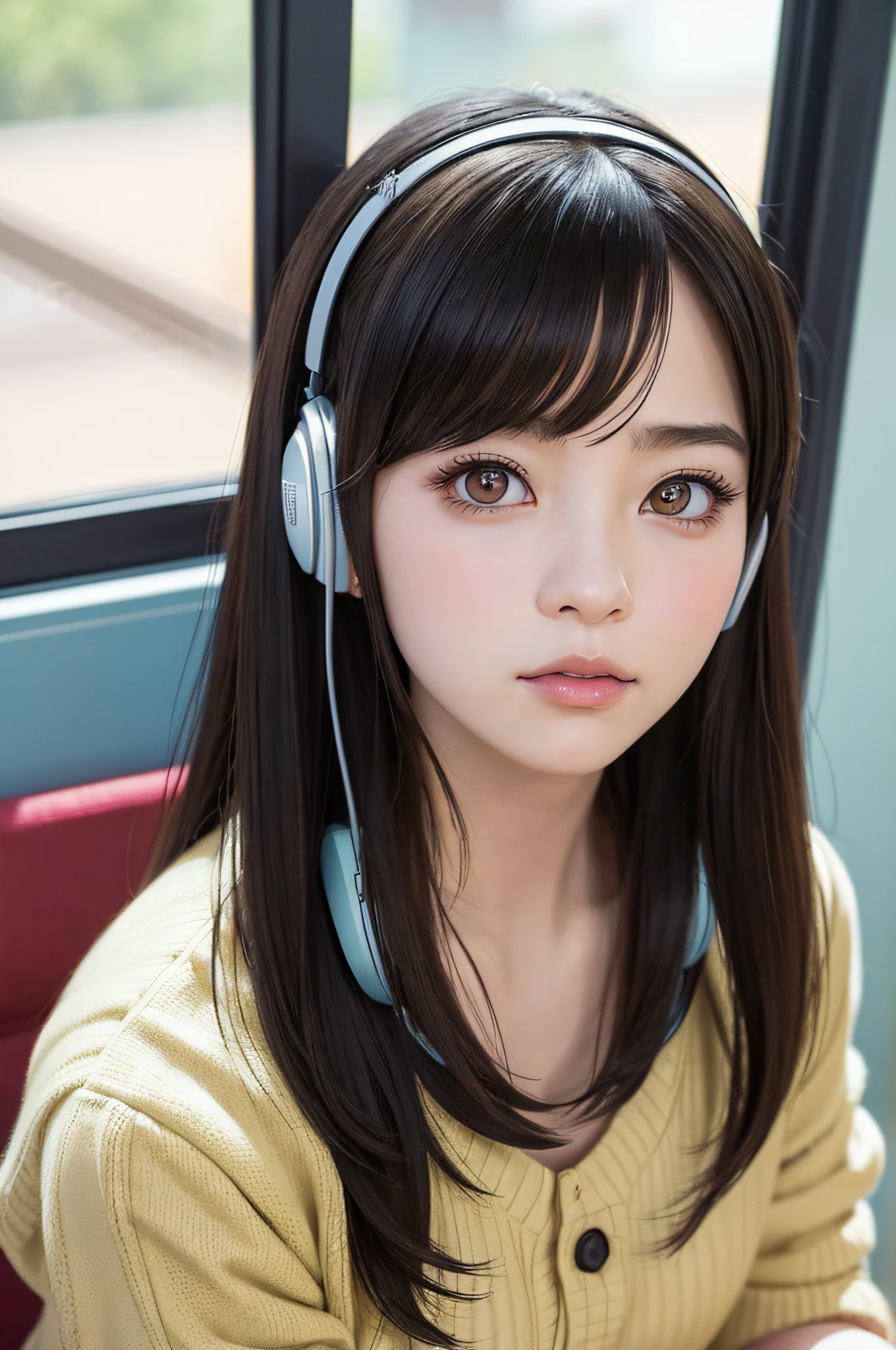 Anime girl sitting on a train with earphones, close up of subject, a photorealistic painting by Ilya Kuvshinov, trending on cg society, Digital Art, artwork in the style of guweiz, guweiz, Beautiful Anime Portrait, realistic cute girl painting, digital art ilya kuvshinov, lofi portrait, Ilya Kuvshinov. 4k