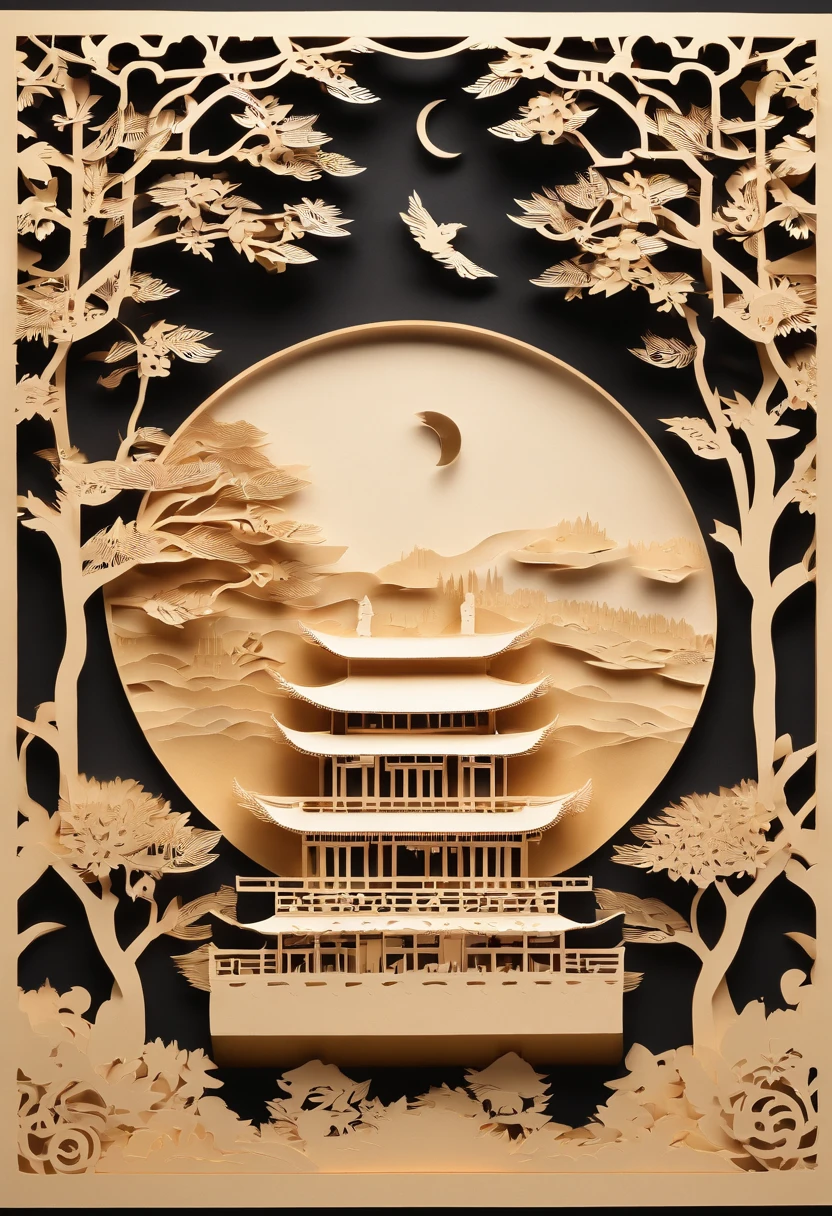 Mid Autumn Festival elements, Linshui Palace, moon, laurel tree, Paper Cuttings art, master works