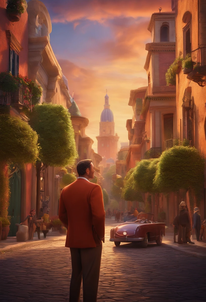 A city councilman looking at a dream project inspired by Pixar animation, de perto. The character takes center stage with captivating facial expressions, oferecendo um toque de irrealidade