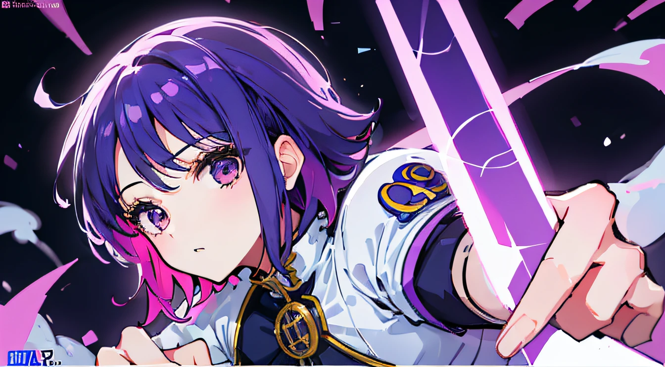((tmasterpiece,4k wallpaper,best qualtiy))、((girl with1a person))、(独奏)、Brilliant,(Purple hair)、short-cut、25-years old、Click here for the line of sight,