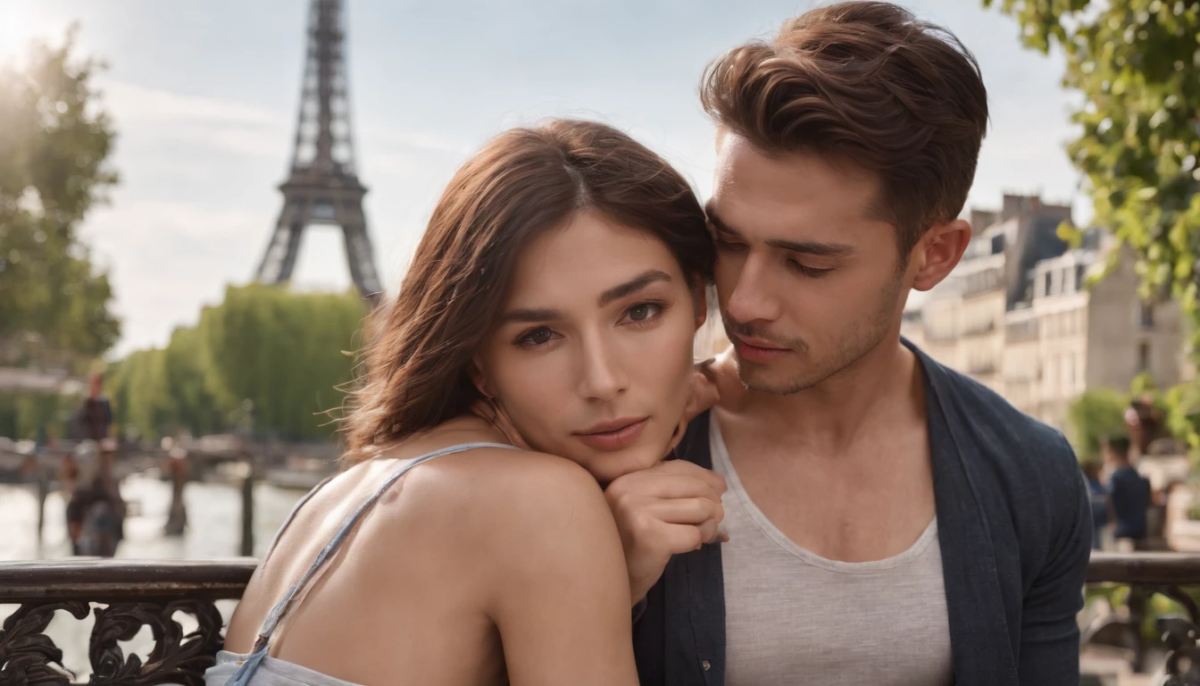 photo of stunning two handsome muscular Thai men kissing sitting outdoors at a French cafe near Eiffel Tower, Paris, no female, honey eyes, short messy windy dark brown hair, flipping hair, closeup zoomed in tight crop portrait, people watching, top-view (out door french coffee shop scene:1.2) (day time:1.2) wearing a (linen shorts and no shirt:1.3) (Lighting-blue:1.2) foreground objects background details (masterpiece:1.2) (photorealistic:1.2) (bokeh:1.2) (best quality) (color grading) (detailed skin:1.3) (no shirt:1.3) (intricate) (8k) (HDR) (cinematic lighting:1.3) (sharp focus) (fix fingers), messy windy hair, Location Paris France