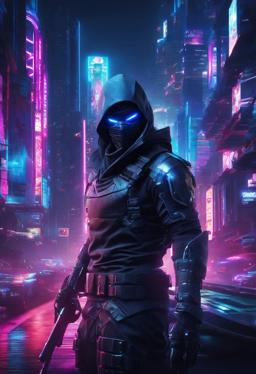 (centered,full body1.4),A cyber ninja in a dystopian world, wearing a sleek black armor suit, with glowing blue eyes and advanced cybernetic enhancements. The ninja is seen in a dynamic action pose, leaping across a neon-lit rooftop, with rain pouring down and reflecting off the slick surface. The cityscape below is filled with towering skyscrapers, illuminated by colorful holographic advertisements. The ninja's katana is drawn, its blade gleaming with blue energy, ready to strike. The overall atmosphere is dark and mysterious, with a futuristic techno vibe. The lighting is dramatic, with intense highlights and deep shadows, creating a sense of depth and tension. The color palette consists of contrasting shades of blue and purple, accentuated by vibrant pops of neon. The artwork should have an ultra-realistic and highly detailed finish, showcasing the intricate design of the ninja's armor and the futuristic cityscape. The final image should be of the highest quality, with a resolution of 4k or higher, displaying the level of detail and skill of a masterpiece.,dynamic action pose,