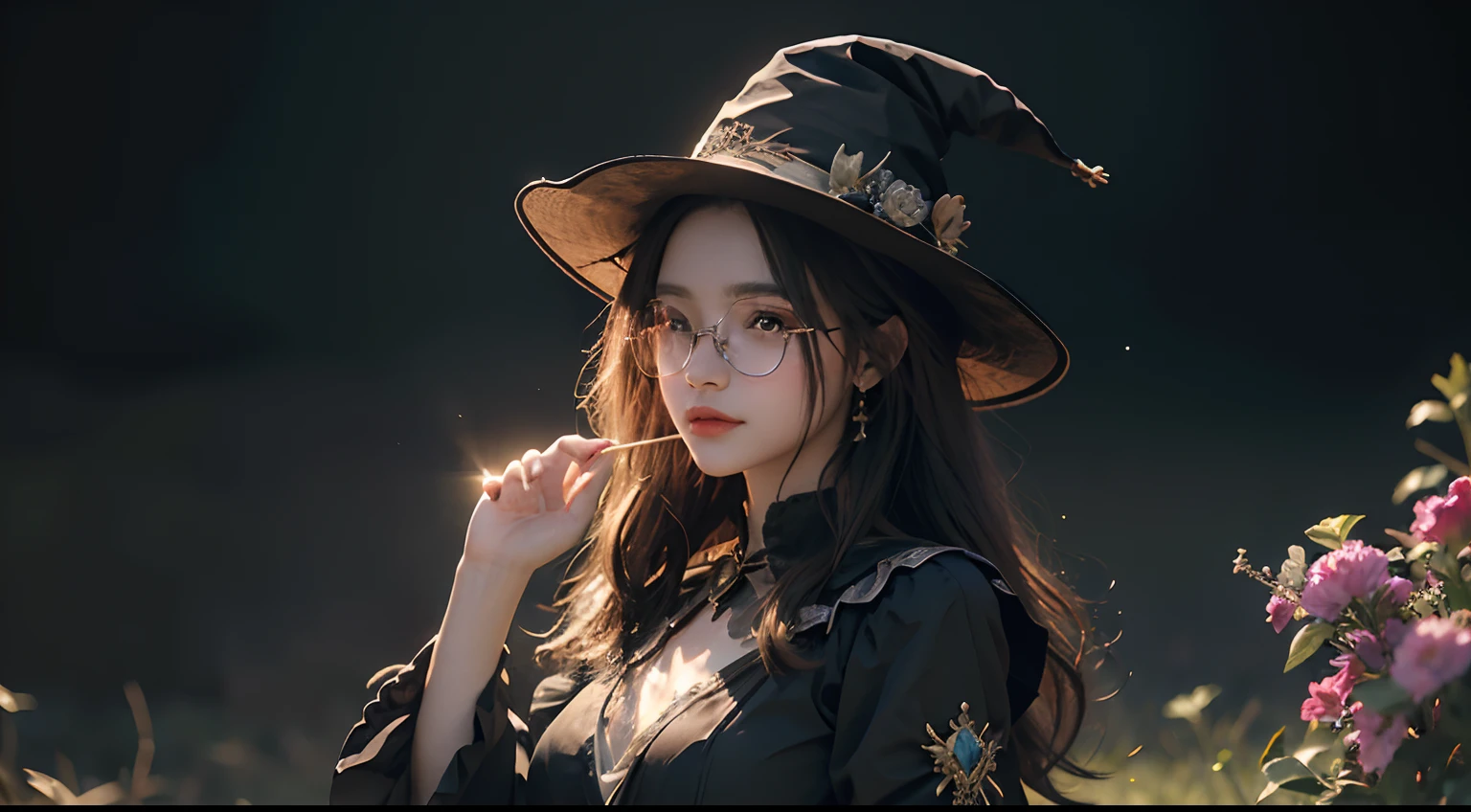 A witch girl wearing beautiful glasses in a magical fantasy world.......,Stand under the starry sky, With sparkling eyes and charming lips........... She wears a popular anime-style witch costume.........., Which perfectly complements her mysterious aura........... The scene is rendered using high-quality media such as digital illustrations and 3D rendering.........., This results in highly detailed and realistic images........... The colors in the artwork are vibrant and vivid.........., Increases the overall magical atmosphere........... The lighting is meticulously created.........., With studio lighting techniques, Creating mesmerizing scenes.