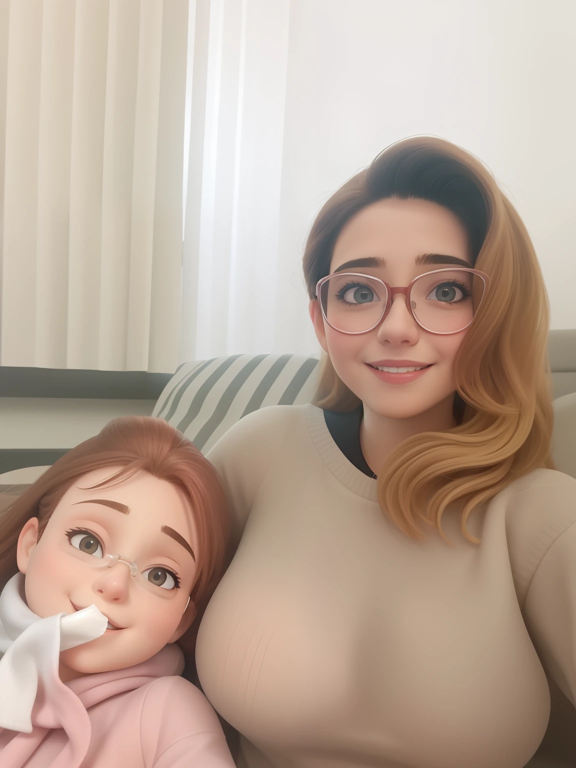 Uma mulher de 18 anos, com longos cabelos castanhos, Rosto redondo, sorriso encantador, e olhos castanhos, wearing glasses.