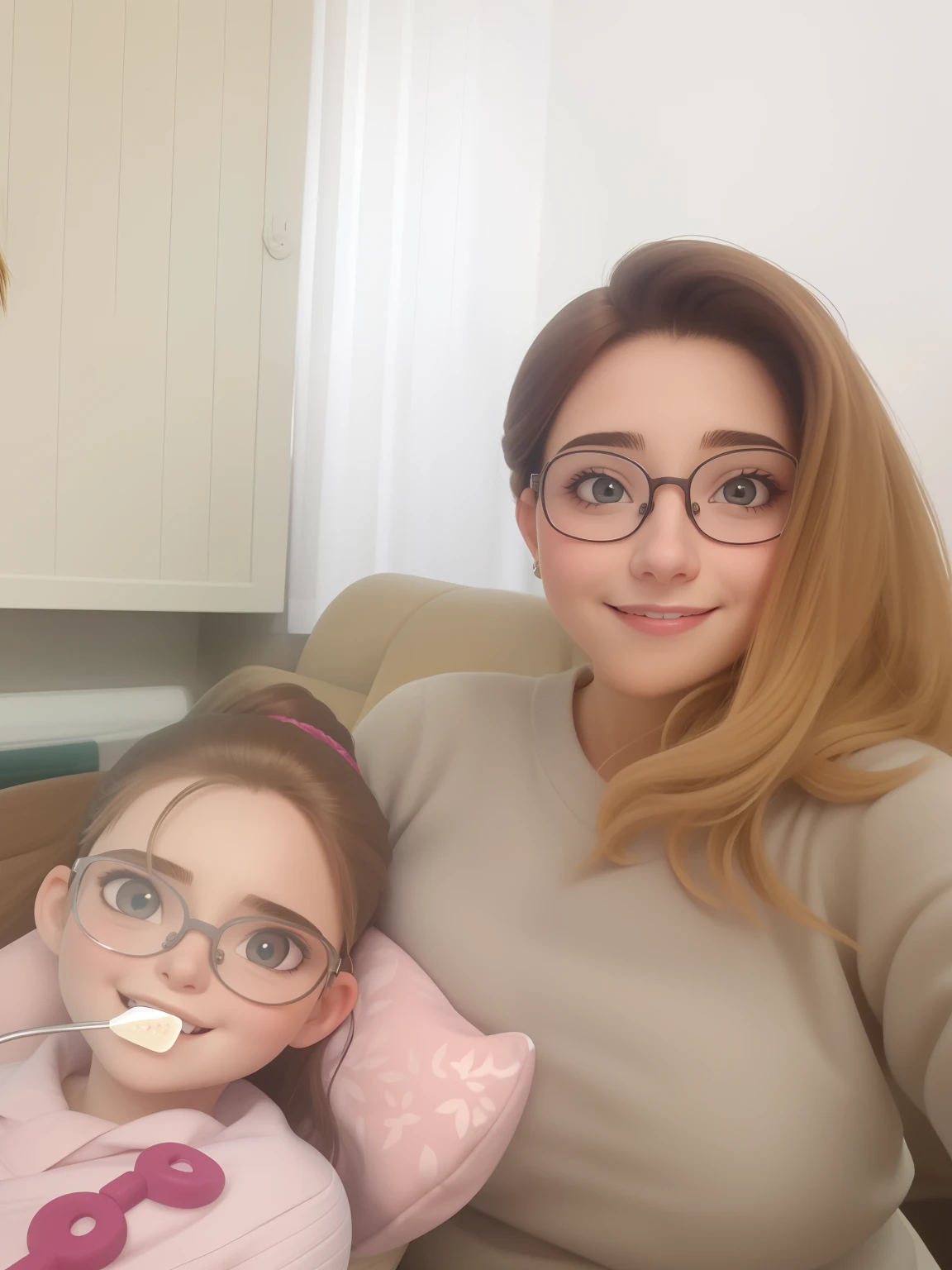 Baby yodah , (hyper realism:1.1), (detailed:1.2) Beautiful girls, one holding the other in her lap