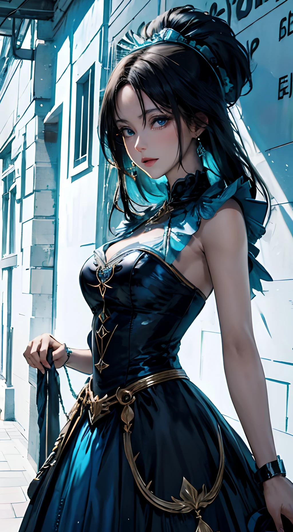 Night, ((1 girl)), Alone, masutepiece, 8K Wallpaper, hight resolution, absurderes, high quality background, Short hair, Black hair, Multicolor Hair, Beautiful frozen village, (Bright moon full), Blue Dress, detailed dress, Jewelry Dresses, (Magic:1.2), blue fire, Blue eyes, Glowing eyes, fire, Ice Goddess, (Beautiful crown with blue details), electricity, Blue Electric, Cyan light particles