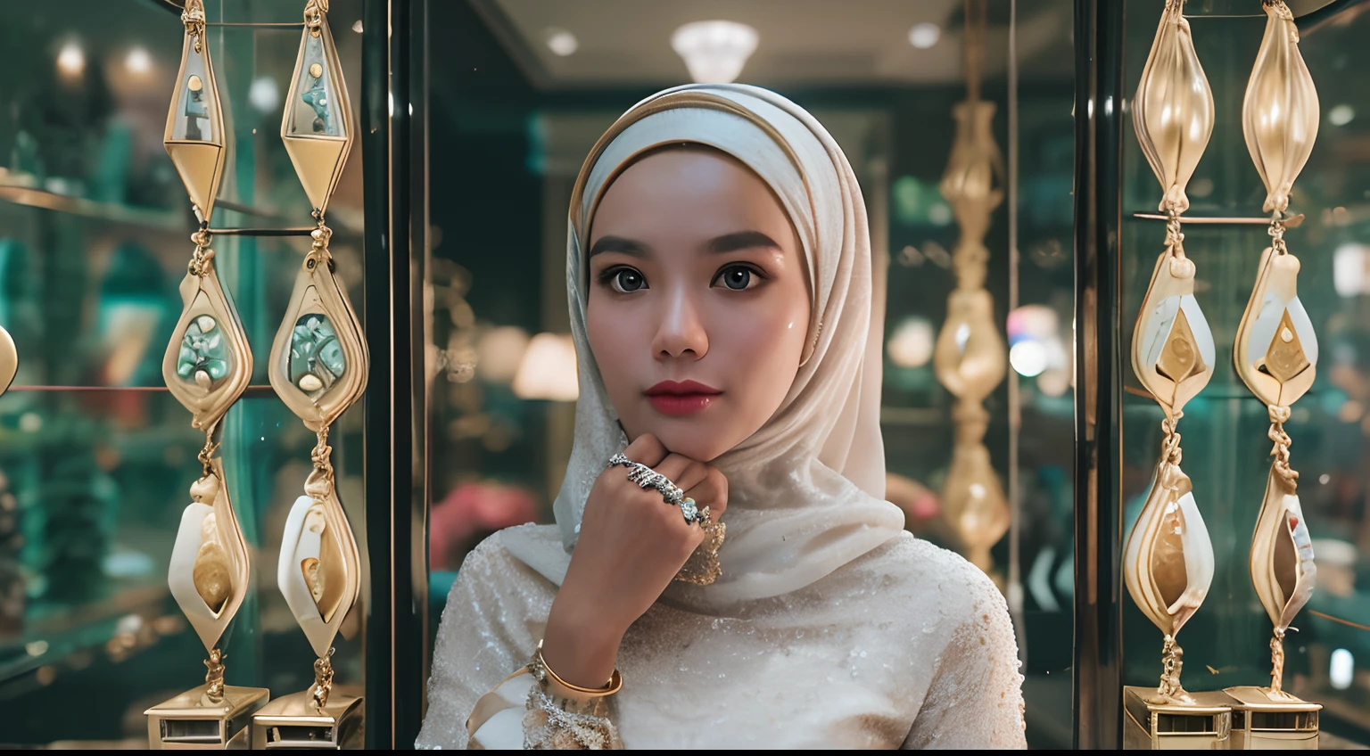 Generate a film still inspired by the iconic 'Breakfast at Tiffany's' scene with a Malay girl in hijab standing in front of a luxurious jewelry store. Use a 35mm lens to capture her sense of wonder and elegance, close-up, Deep Focus cinematography effect,high quality,