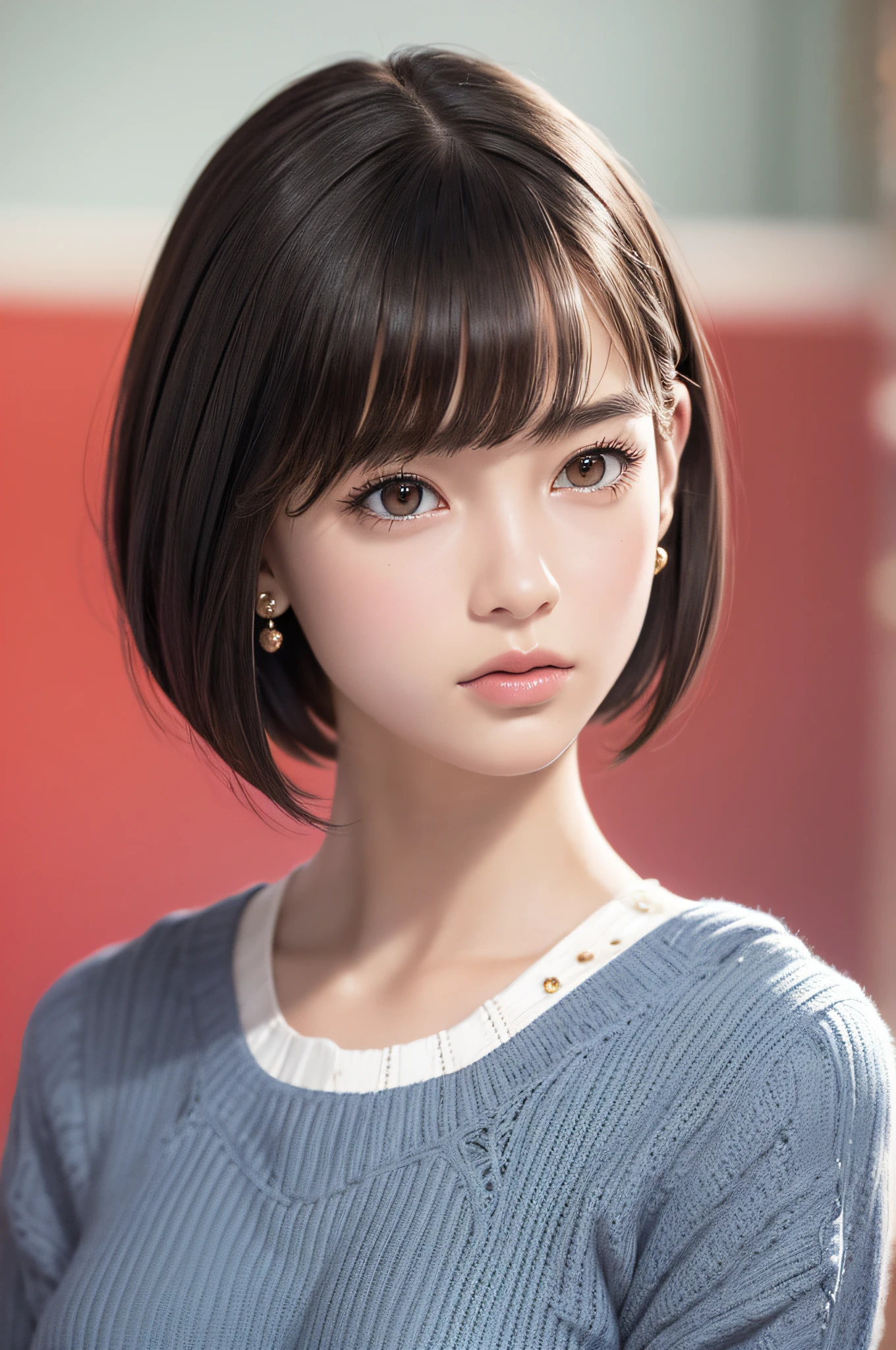 (8k, RAW photos, top quality, masterpiece: 1.2), ultra detailed, super resolution, (real, real photos: 1.37), portraits, high definition RAW color photos, professional photos, very detailed and beautiful, highly detailed, 8k wallpapers, amazing details, huge file size, official art, highly detailed CG Unity 8k wallpapers, highly detailed beautiful girls, highly detailed faces, Highly Detailed Eyes, Highly Detailed Skin, Highly Detailed Fingers, Very Detailed Nose, Highly Detailed Detailed Mouth, Perfect Anatomy, Detailed Background, Detailed Clothes, One Girl, (20:1.2), 20s, Cute Girl, Realistic Body, Petite, White Skin, Radiant Skin, Slim Body, Black Hair, Short Hair, (Blunt Bangs: 1.2), Cute, Youthful, Pretty Face, Realistic Face, Delicate Eyes, Sale Eyes, ( (Fashionable winter clothes)), ((Up)), ((((Short hair)))), Earrings, Looking at the camera, Cowboy shot, Facing Front, Standing Posture, Contrapposto, Dynamic Lighting, C Cup Breasts,