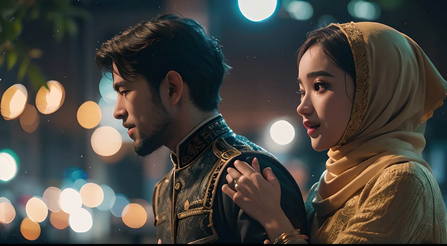 Create a cinematic film still reminiscent of 'La La Land' with a Malay girl in hijab and a Malay guy dancing together in a moonlit city park. Use a wide-angle lens to showcase the romantic choreography, 50mm lense, handheld shot camera angle, High Contrast cinematography effect, Natural Lighting, vibrant color grading, high quality, ultra detail, 8k resolution,