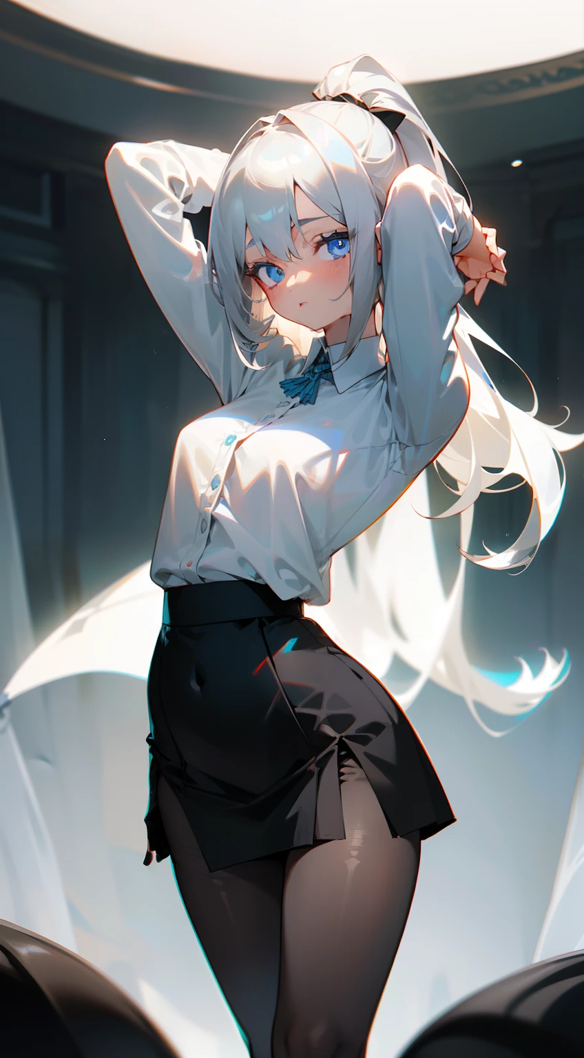 (((1 girl)),Ray tracing,(Dim lighting),[Detailed background (livingroom)),((Silver hair)),(Silver hair)),((Fluffy silver hair, plump and slender girl)) with high ponytail))) Avoid golden eyes in the sinister living room ((((Girl in white opaque shirt, Black wrinkled skirt and black transparent stockings), showing delicate and slender figure and graceful curves, Correct limbs, Hands behind the head, Hands behind the head, Hands behind the head , Eye details, Beautiful eyes, Delicate eyes, Blue eyes